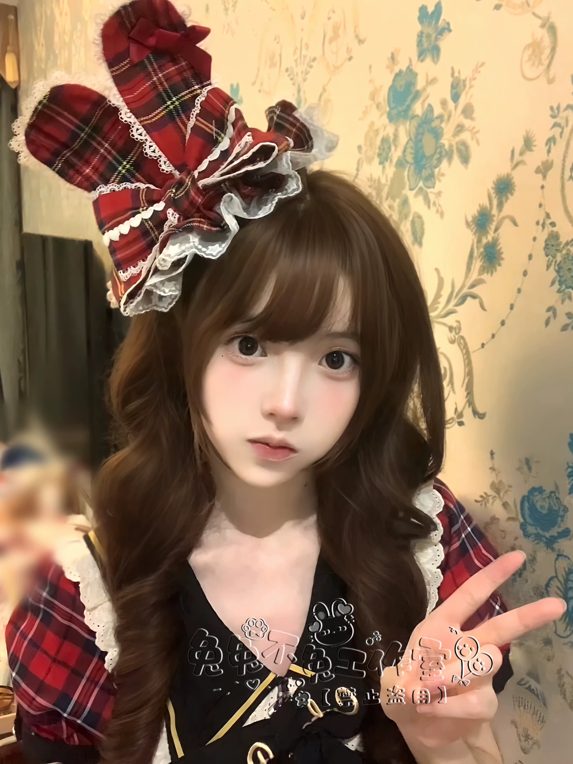 Kawaii Lolita Bunny Ear Hat, Plaid & Polka Dot Styles Red Plaid Hat Only