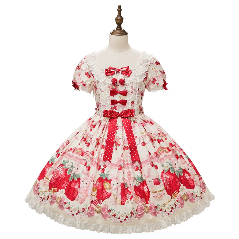 Strawberry Momo Party - Sweet Lolita OP and JSK, Strawberry Print and Cake Embroidery (L M S XL XS) 45548:853164