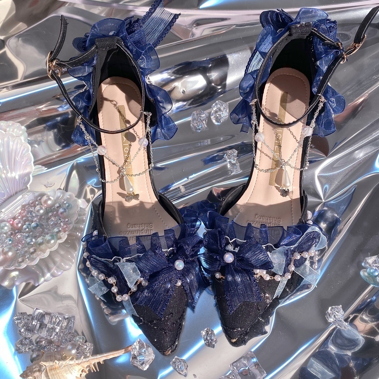Ximeng Lolita - Deep Sea Hospital - Plus Size Wedding Lolita Bridal Shoes Customized Heels Dark blue with anklet - 7 cm / 2.8 inches 37