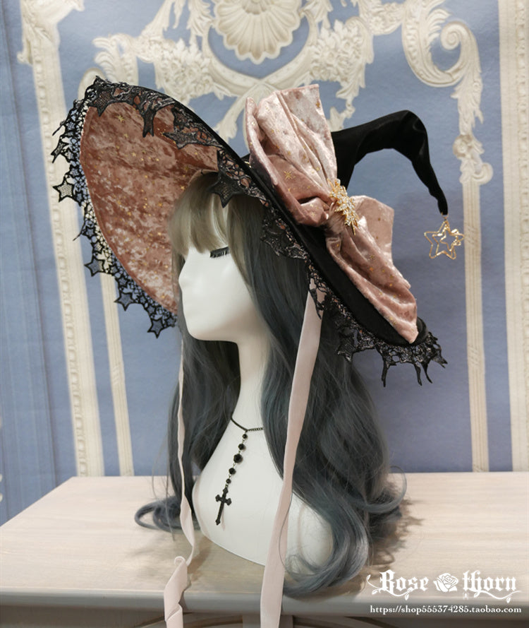 Rose Thorn - Polar Night Sky - Halloween Gorgeous Gilding Lolita Witch Hat Pink (without veil and chain)