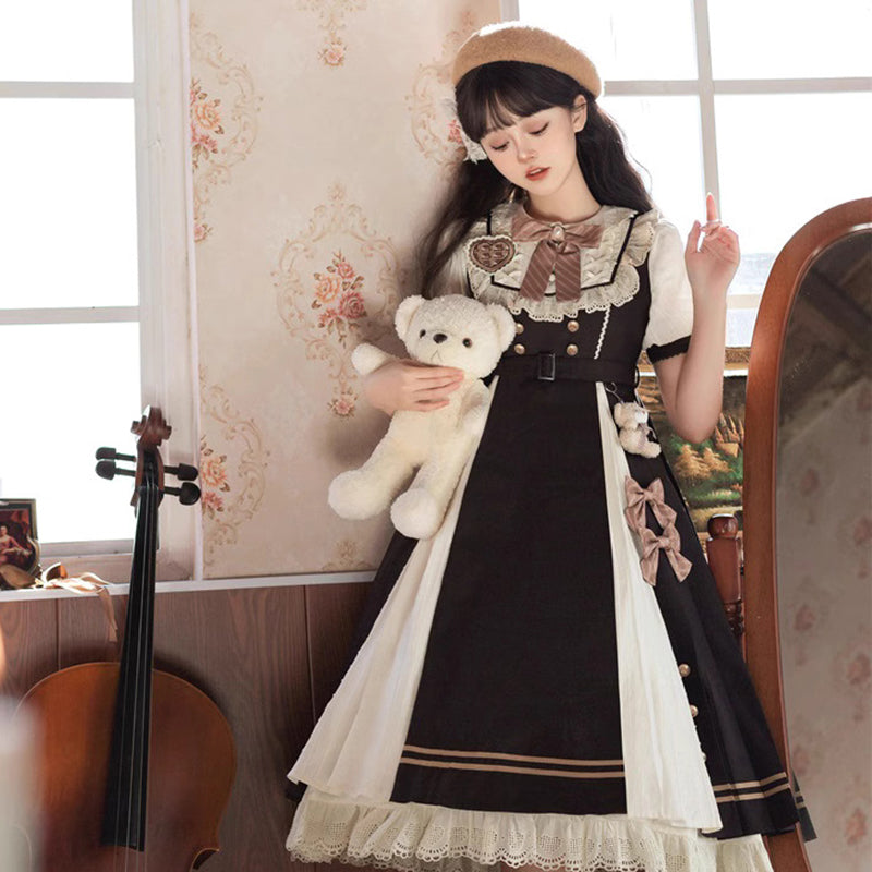 (BFM)Yueele~Plus Size Lolita OP Dress Short Sleeve Loose L Coffee Color 