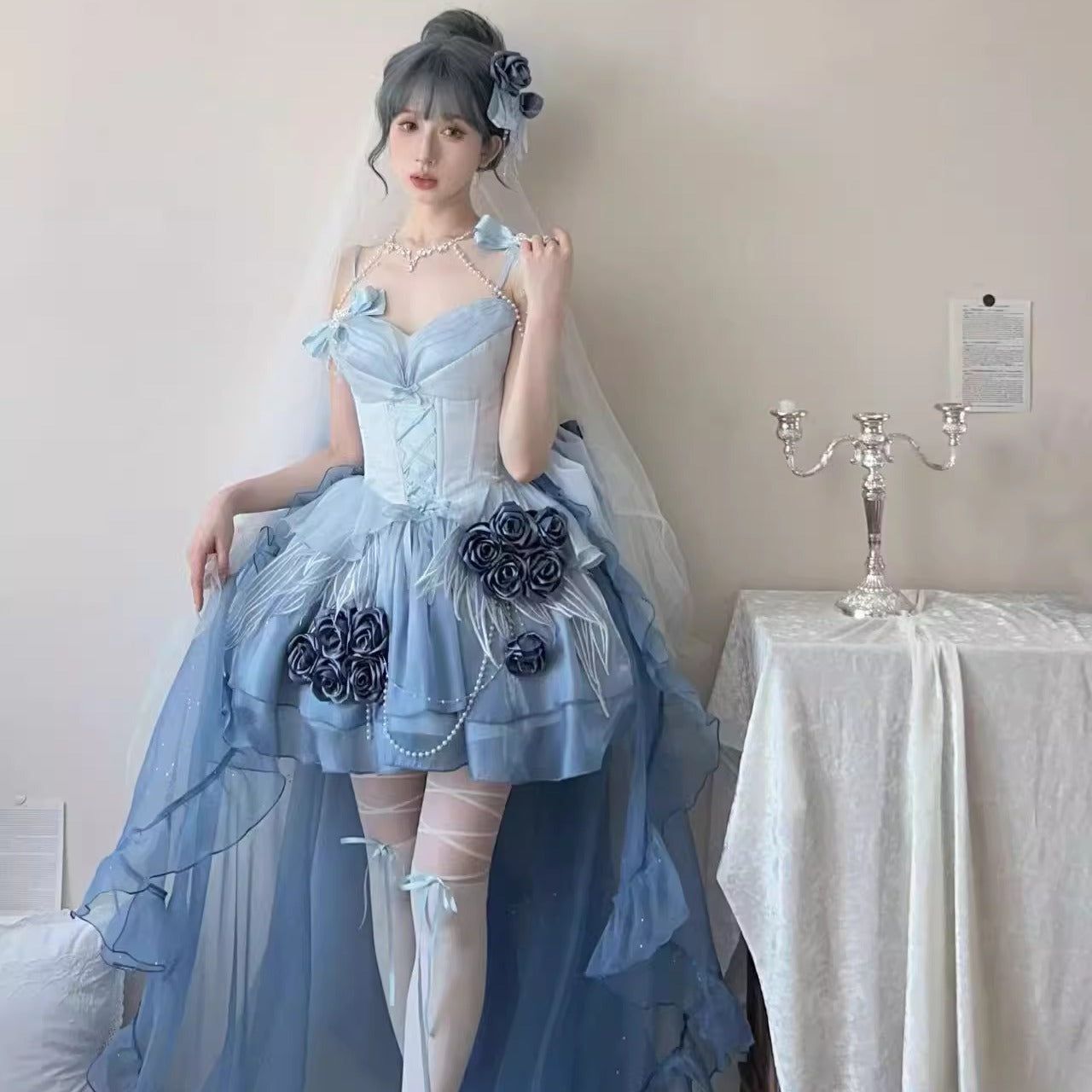 Meowing and fruity - Swan Fantasy - Fairy Lolita Short JSK Ballet-Style Jumper Dress Sky Blue - Large Set (JSK+detachable sleeves+trailing set) S
