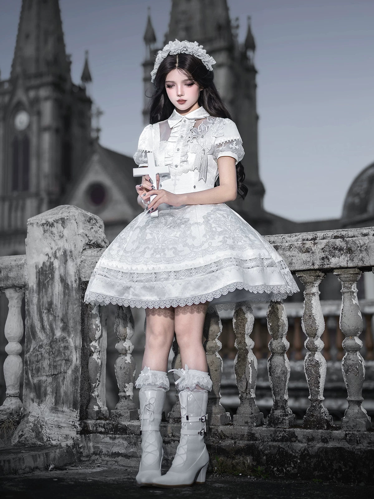 White Classic Lolita Printed OP Dress with Cross