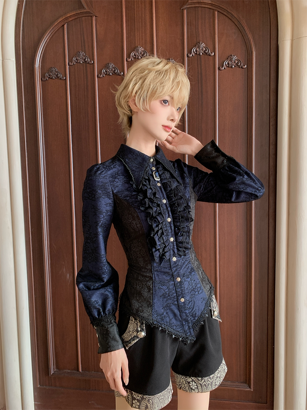 Chill Rice - Jacquard Long Sleeve Ouji Lolita Blouse, Tail Accent Blue - Long Sleeve Blouse (short version) S