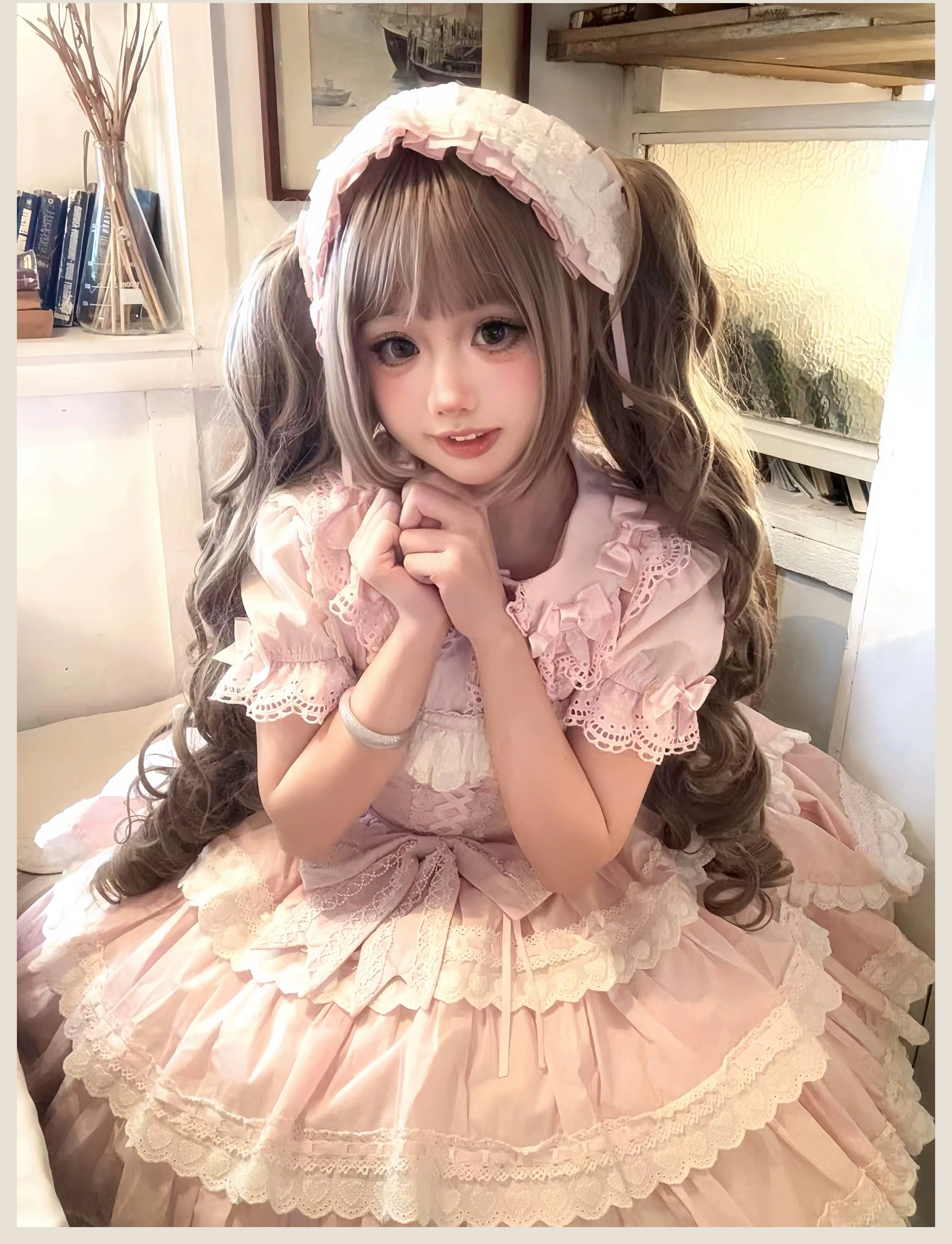 Otome Heart - Cotton Old School Lolita JSK Dress Suit, Heart-Shaped Lace Trim 43381:774546