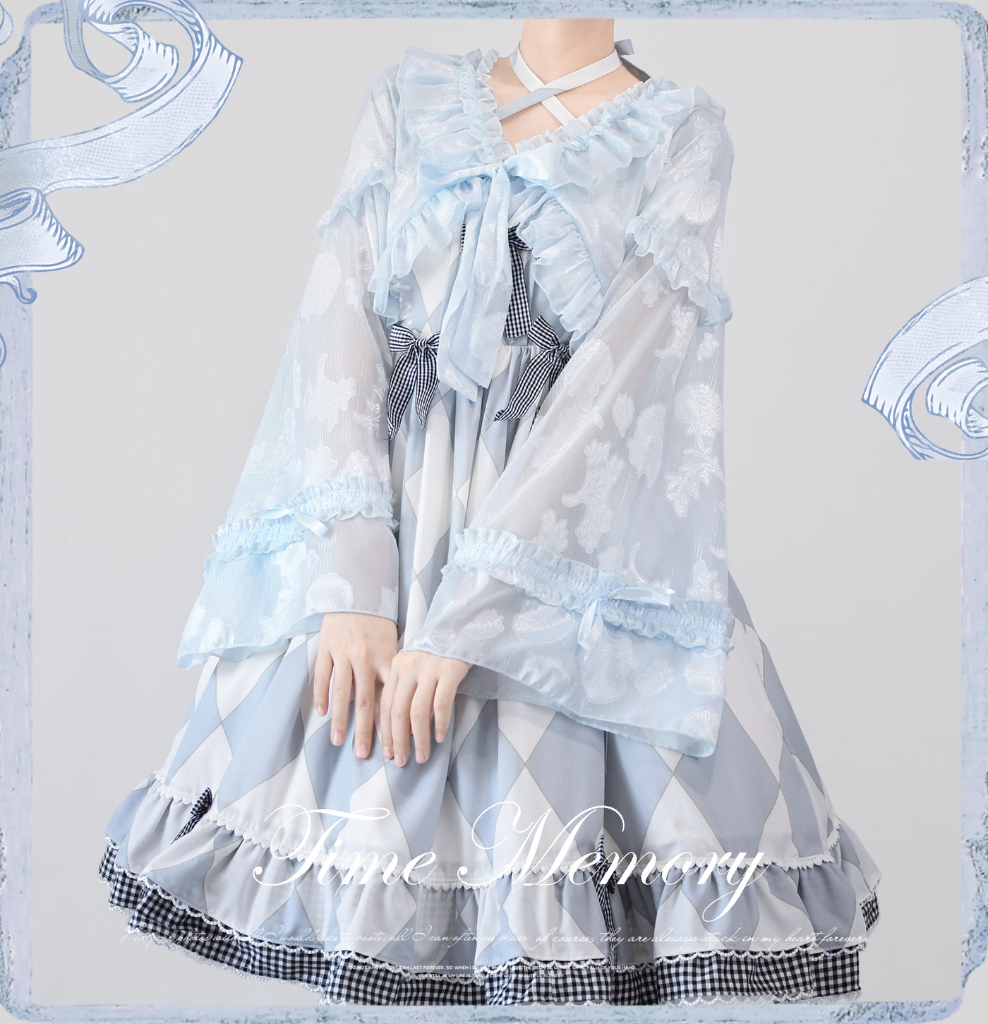 Time Memory~Xianbei~Sweet Lolita Chiffon Lantern Sleeve Cardigan with Bow S light blue 