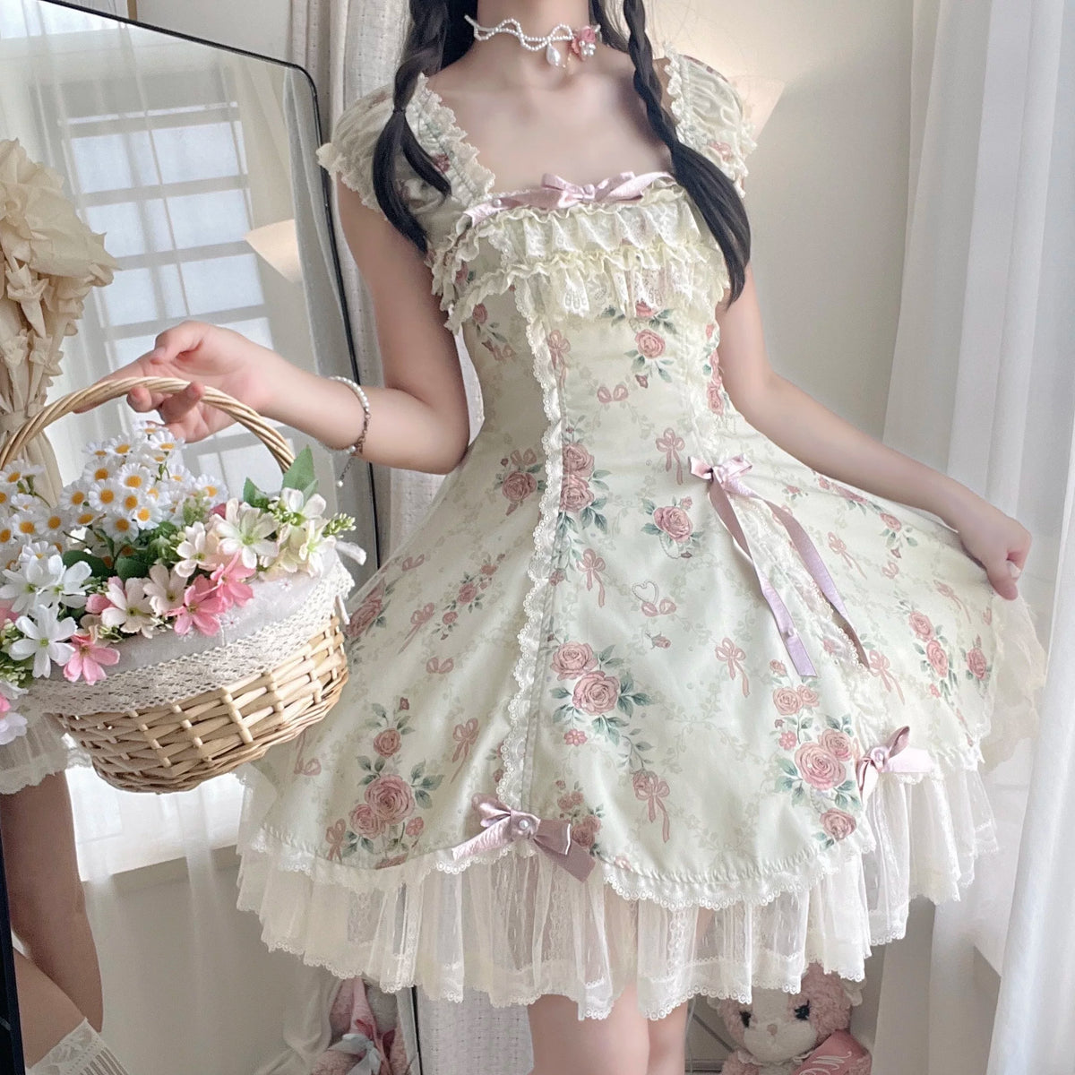 Pearl & Rose - Old School Lolita Floral Print Lolita OP Dress, Back Opening 45925:868419