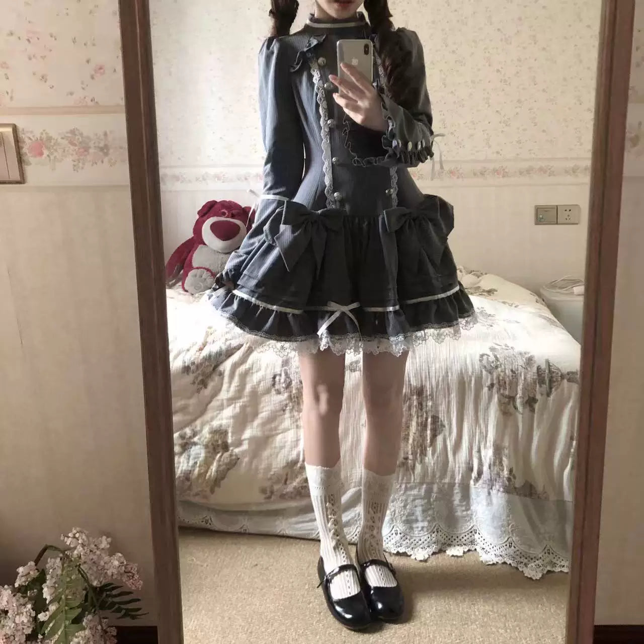 Phantom Kitty - Old School Lolita Low Waist OP Dress, Lace & Bow 45119:836203