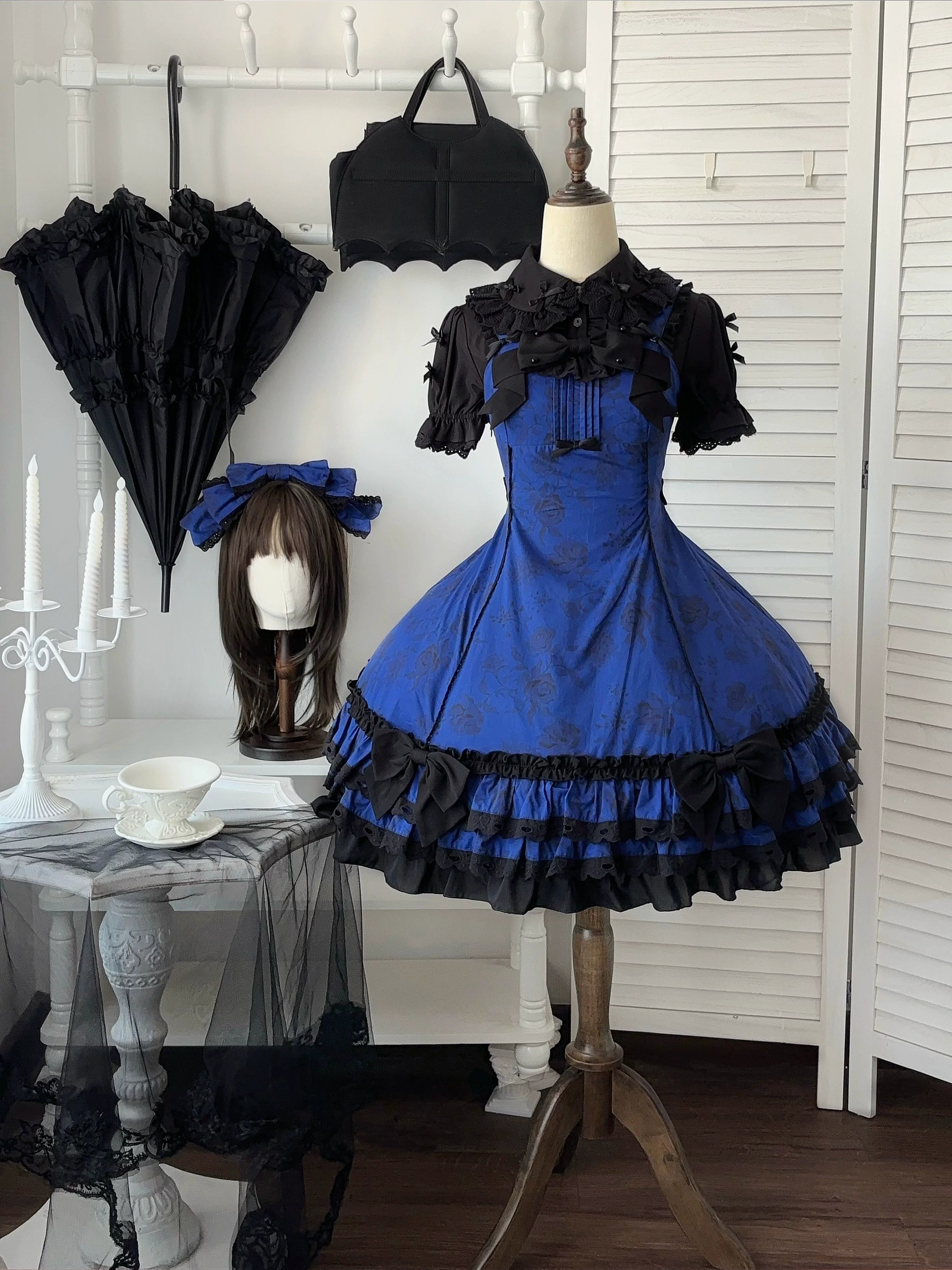 Bliss Bouquet - Cotton Old School Lolita Dress, Rose Print and Layered Hem 45656:857133