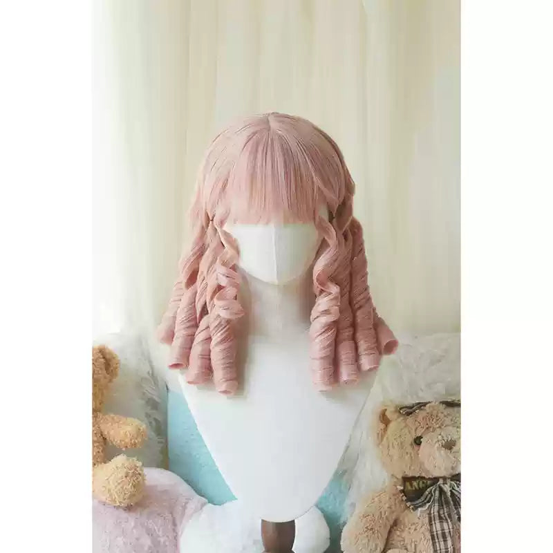Imperial Tea - Retro Lolita Wig Short Roman Curl Hairpiece Grapefruit pink straight bangs with hairnet