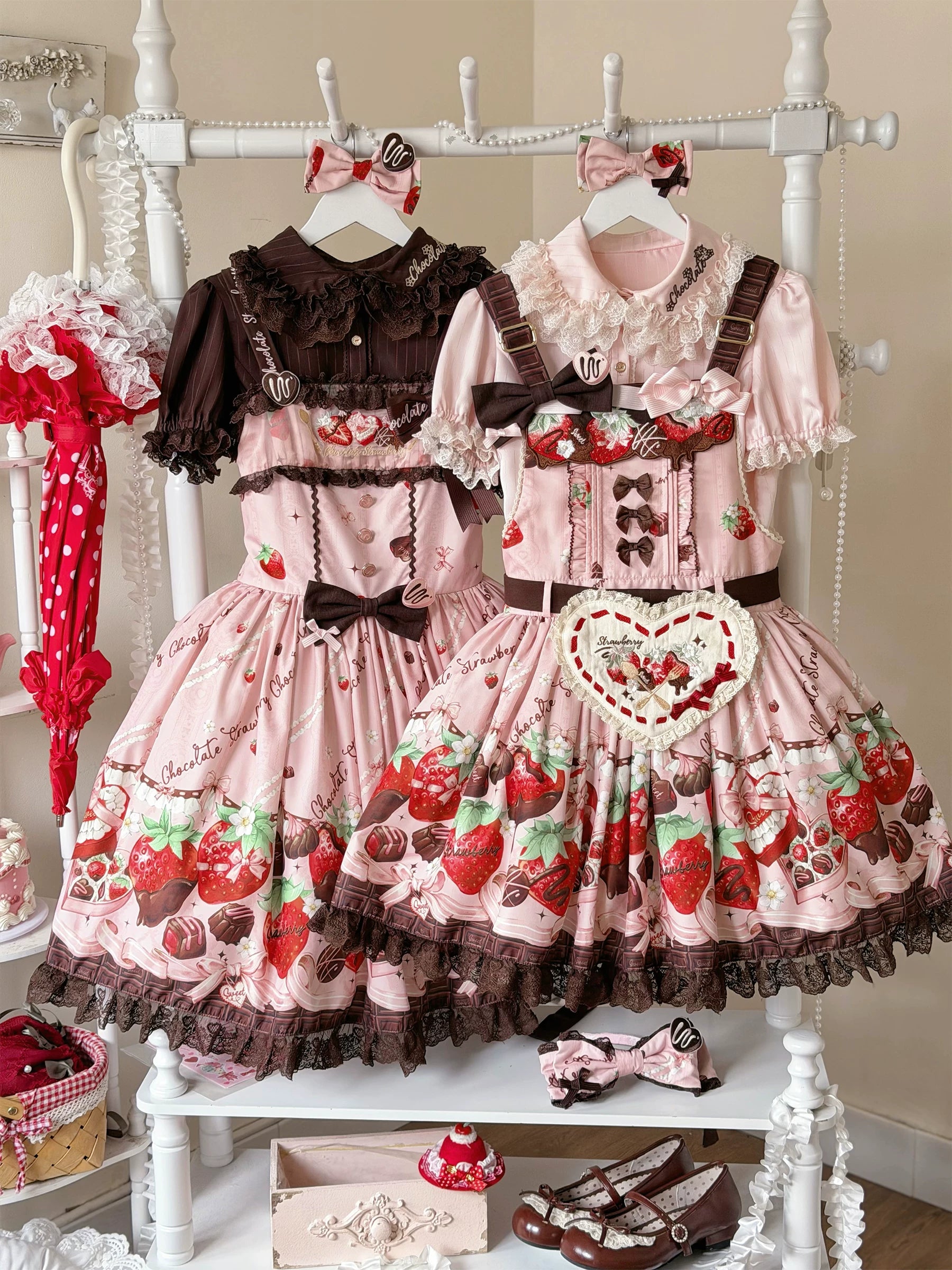 Strawberry Chocolate Lovers - Kawaii Lolita Embroidered Printed Dress 44882:840990