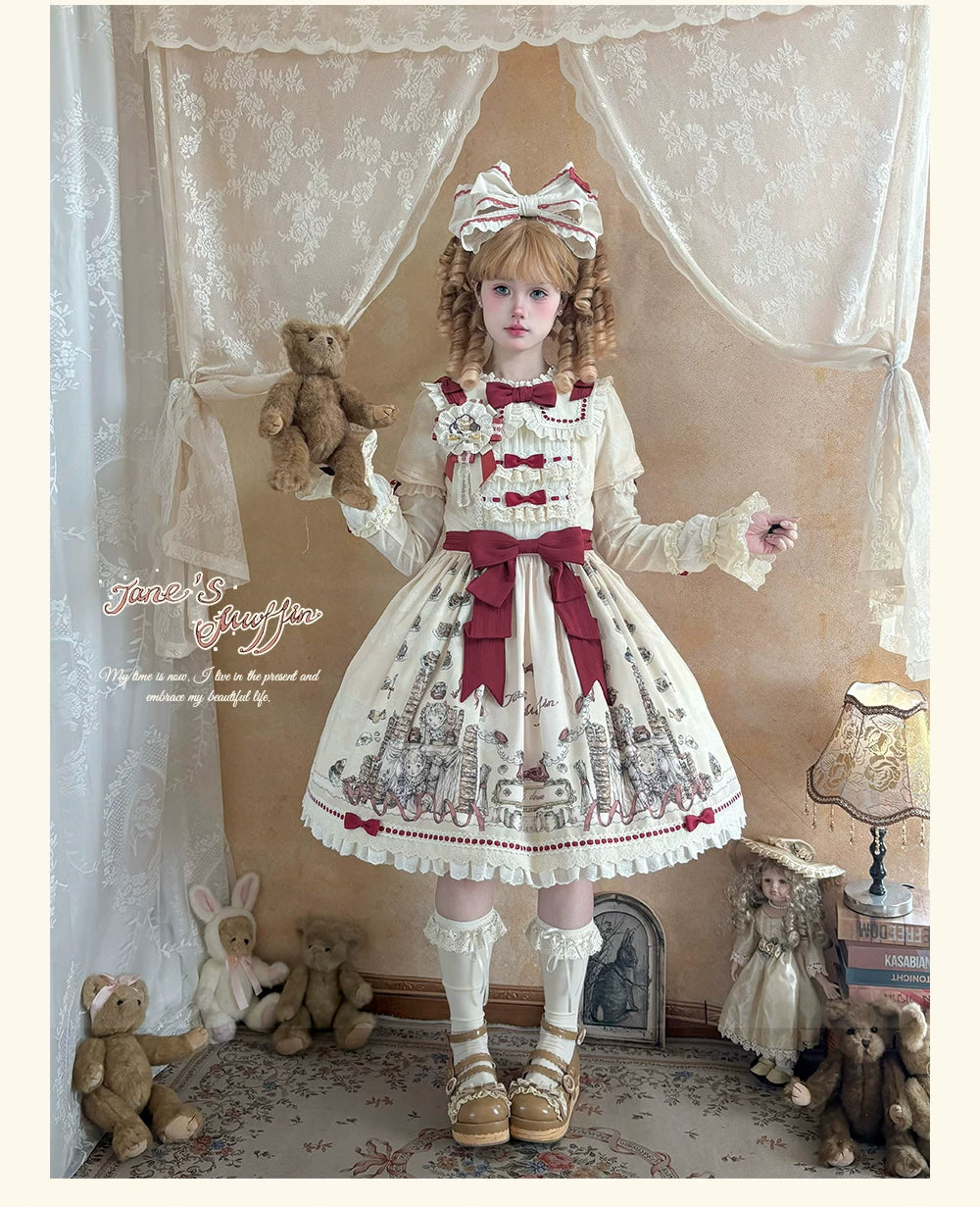 Pancake Postman - Kawaii Lolita Printed OP & Salopette Dress, Lace & Bows