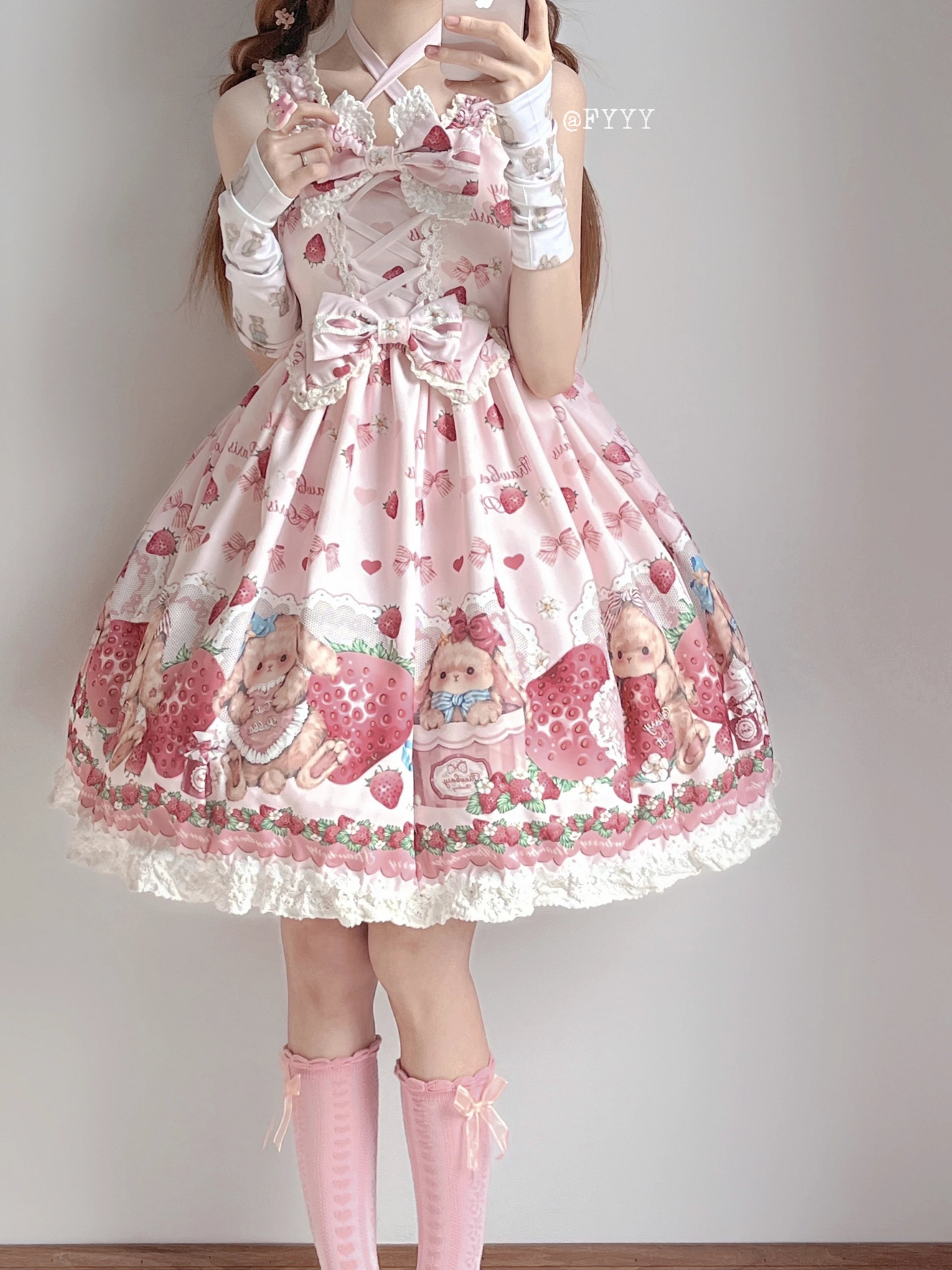 Rabbit Berry Gift Box SP - Printed Kawaii Lolita JSK, Elastic Ruffled Straps
