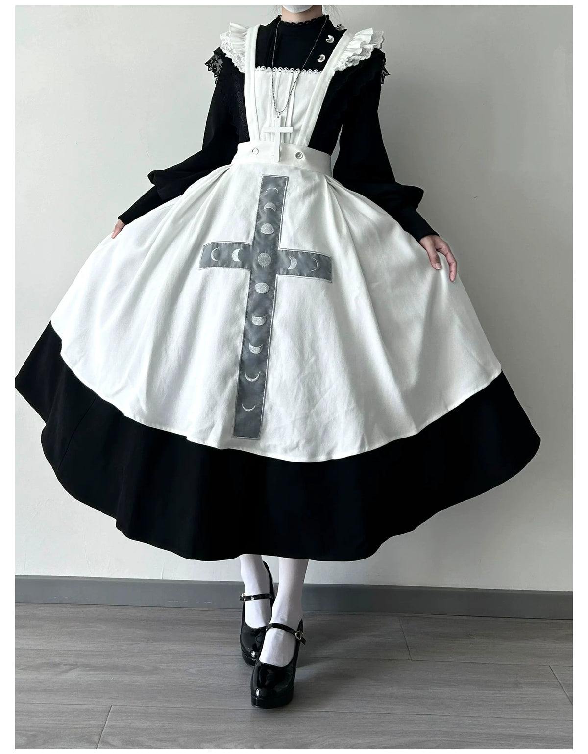Moon Phase - Gothic Lolita OP Dress Set, Detachable Cross-Shaped Apron 46035:873389