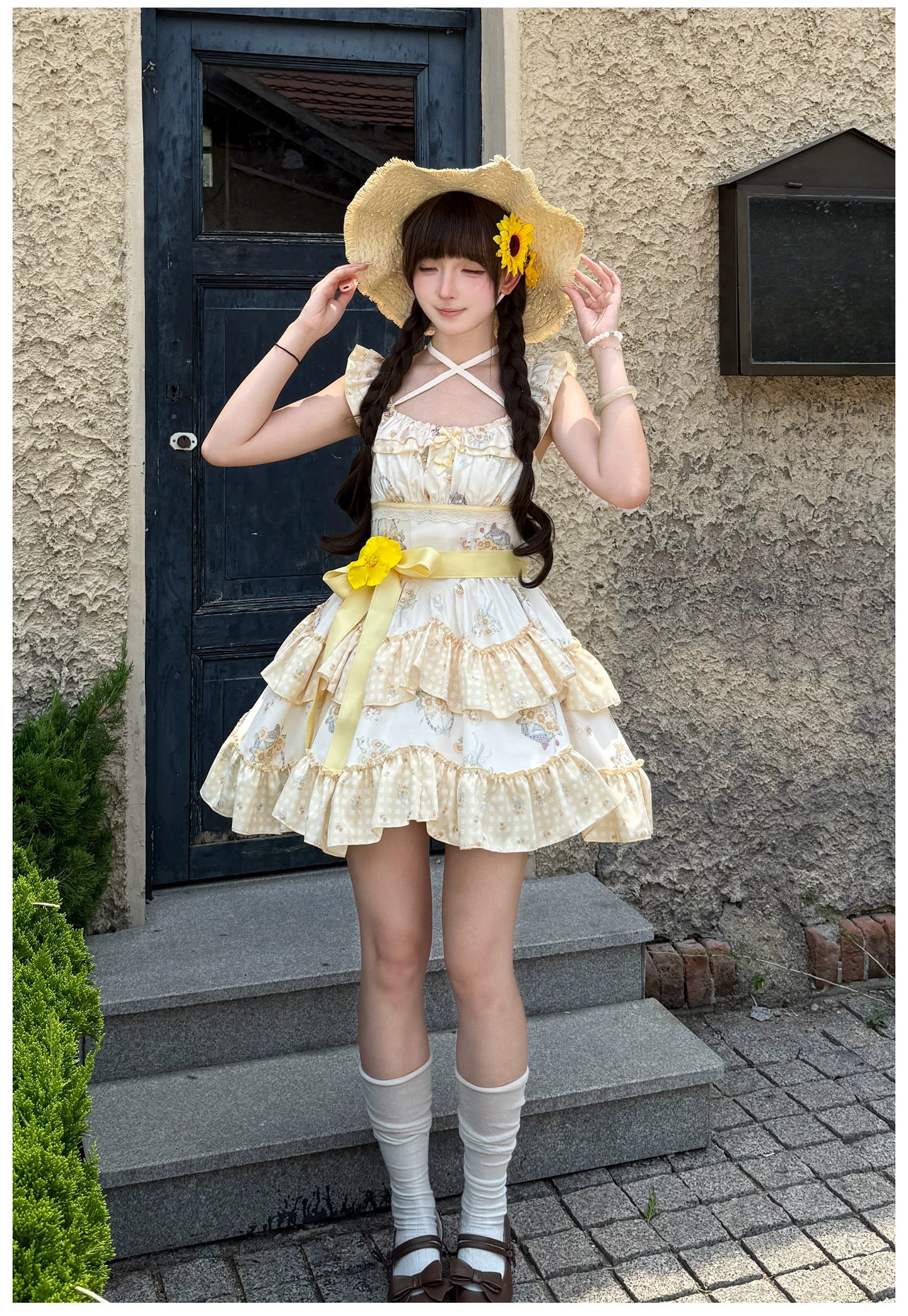 Small Sunflower - Classic Lolita Sunflower Printed JSK Dress, Tiered Hem 45740:860891