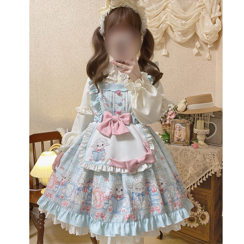 Cinderella - Goat Baa Bedtime Story - SheepPrint Kawaii Lolita JSK blue dress+apron+side clip+brooch S