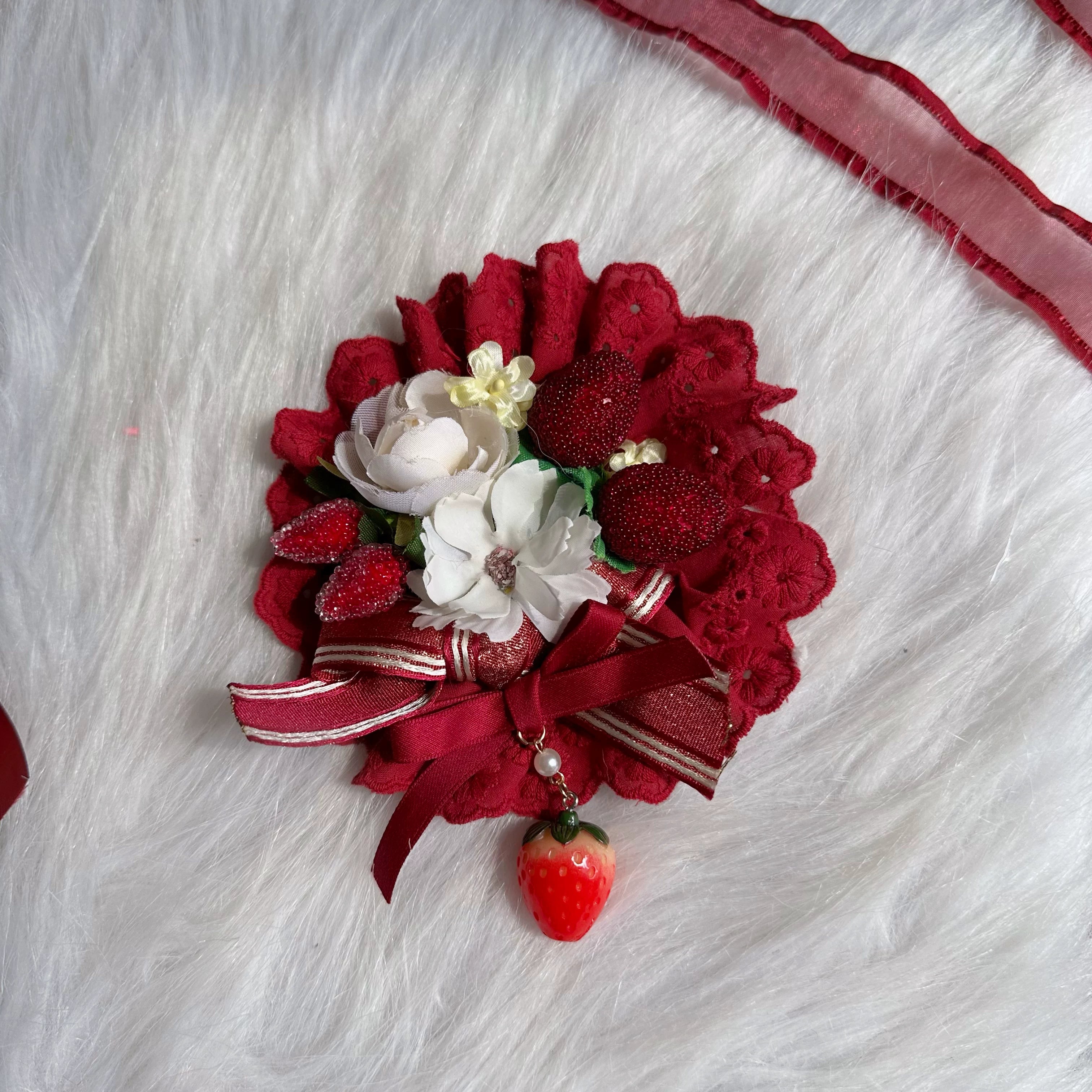Red Sweet Lolita Headdress, Bows and Strawberry Pendants Hanamaru Piece Only
