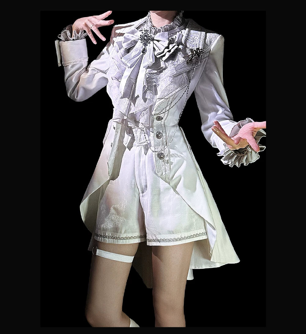 Chapter Seven - Jacquard Faux Two-piece Coat Set, Ruffled Collar Shirt