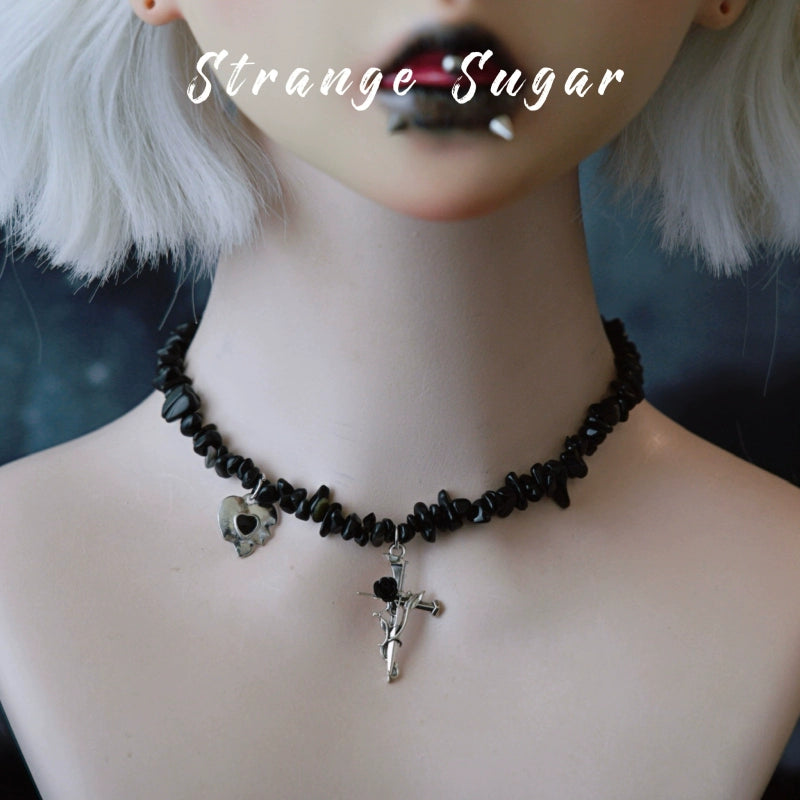 Strange Sugar - Handmade Gothic Lolita Choker, Multiple Pendant Black Rose Cross
