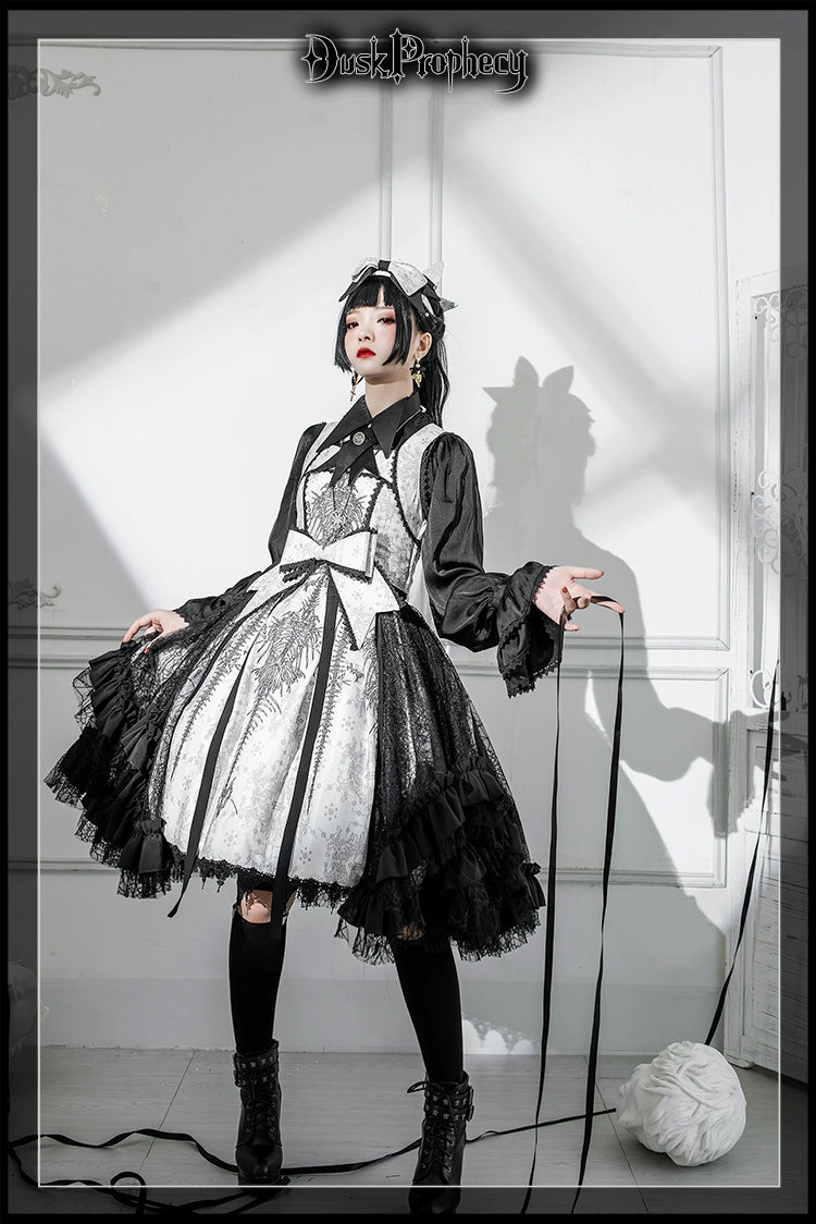 DuskProphecy - Coccyx - Elegant Lolita Dress High Waist Fishbone Print JSK Set 34722:466546