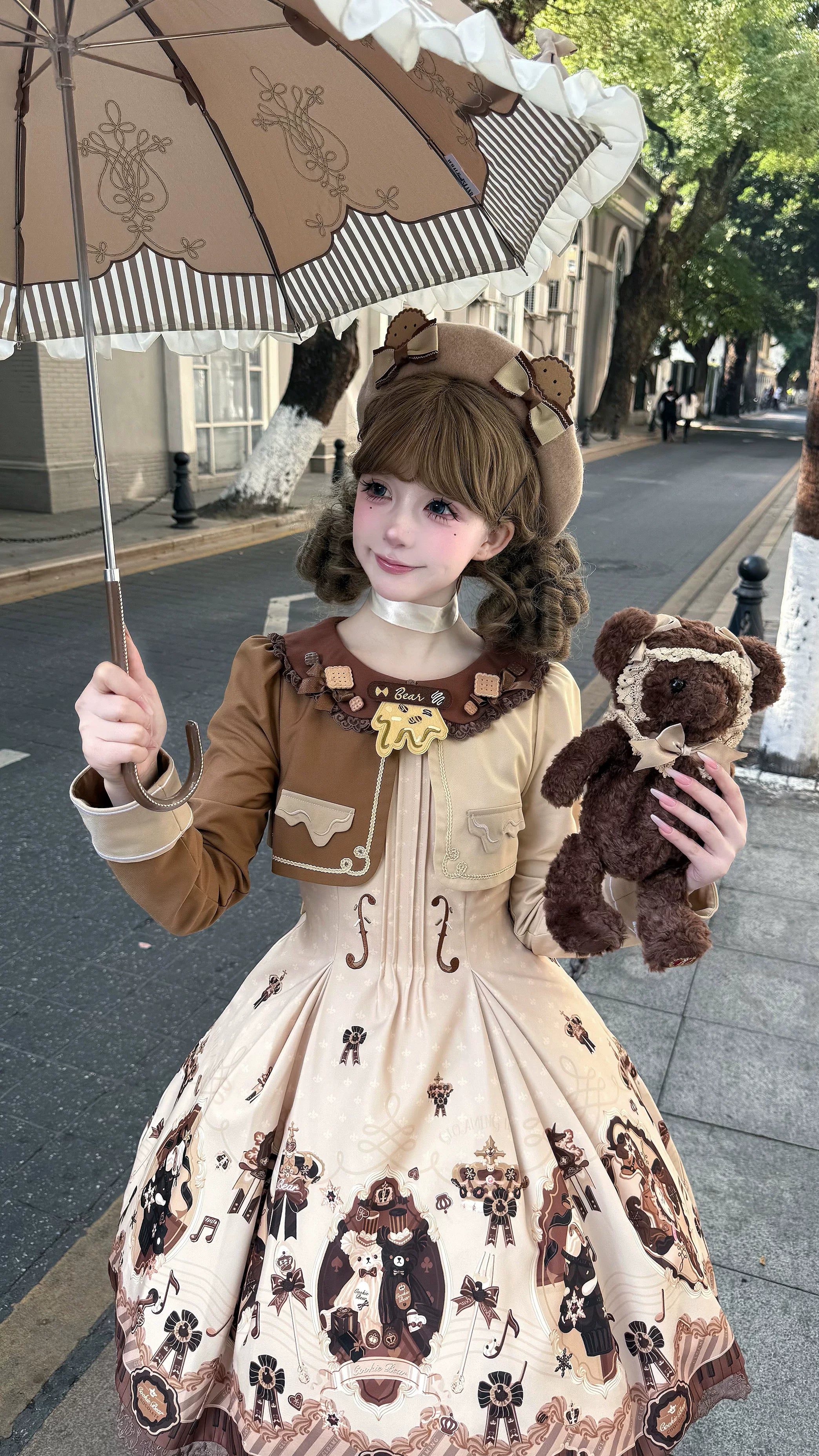 Cream Bear - Print Kawaii Lolita Fake Two-Piece OP, A-lined JSK Dress 44502:811619