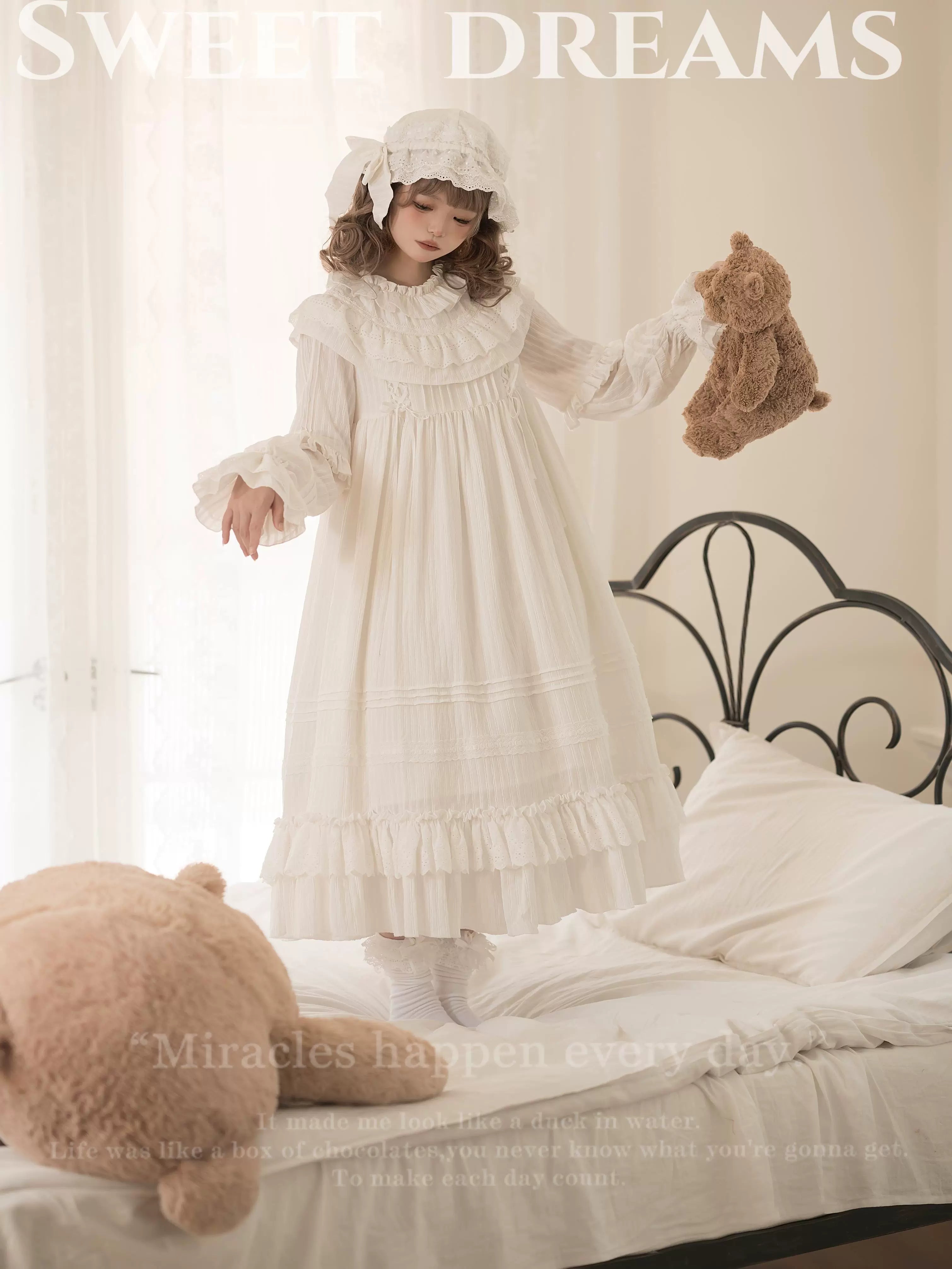 White Goodnight - Doll-like White Long Lolita OP with Ruffles 45535:852381