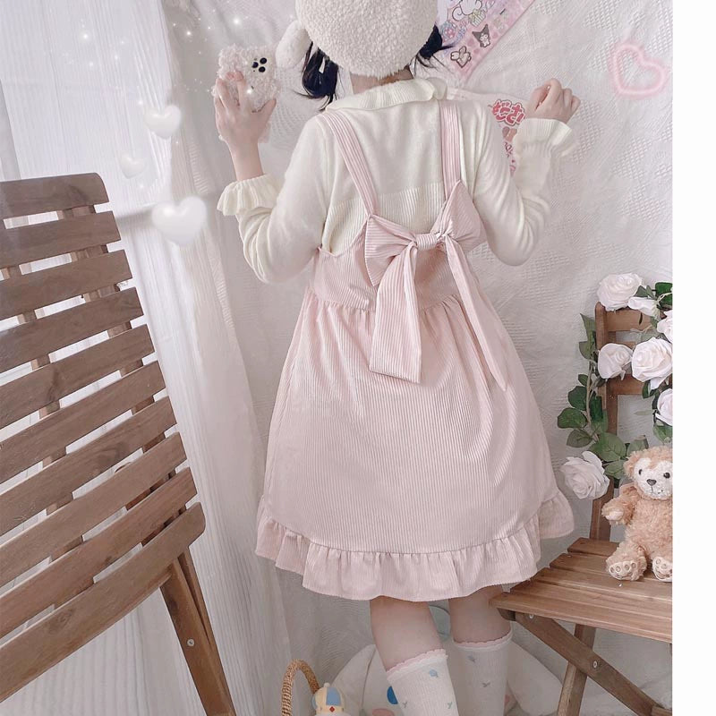 Sugar Girl~Sweet Lolita Salopette Velvet Suspender Skirt with Large Bow pink free size 