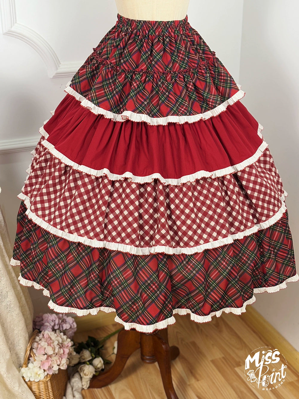 Miss Point - Forest Berry Bunny - Sweet Lolita Plaid Skirt Tiered Ruffles Spring SK Red SK only S
