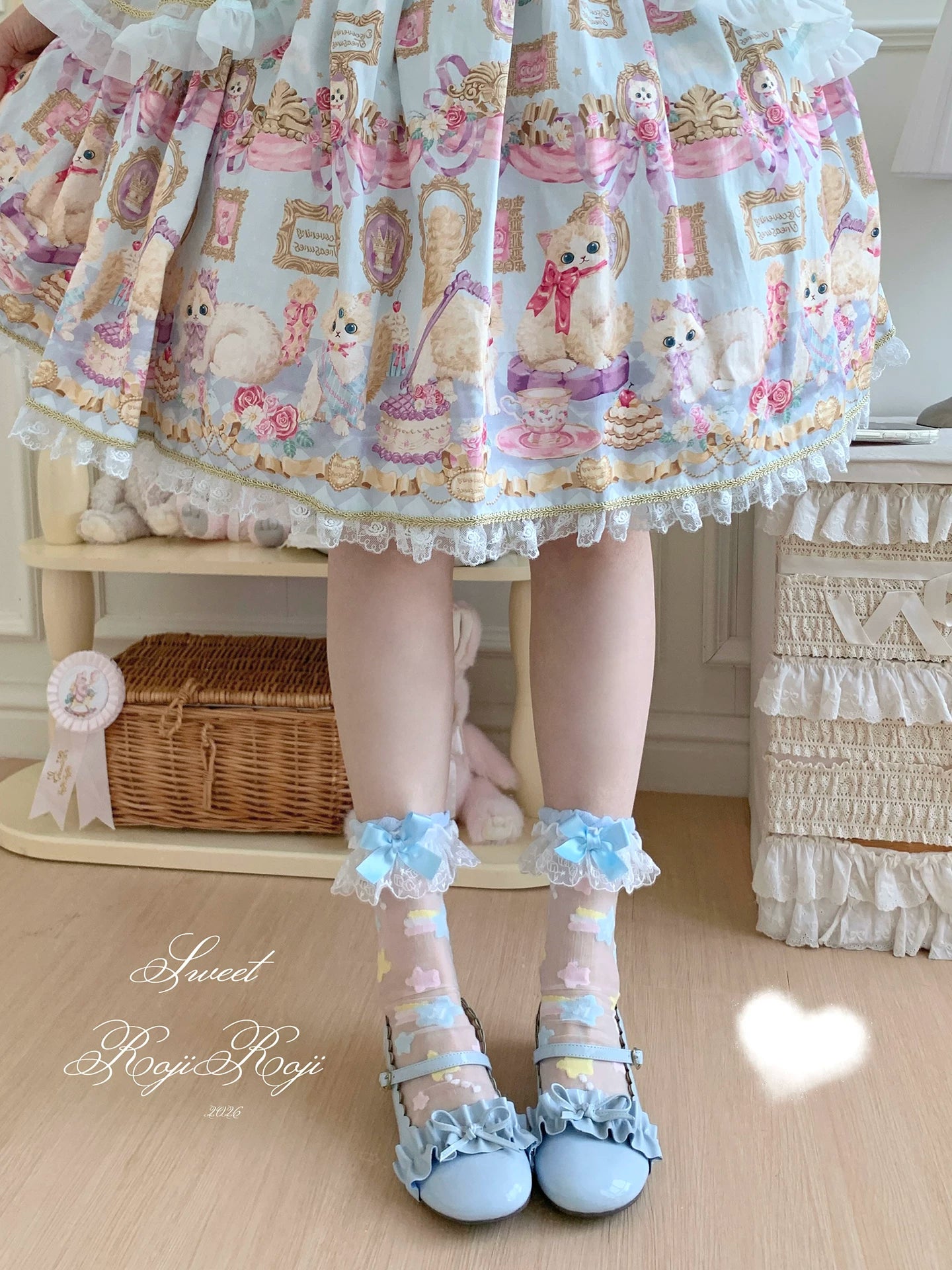 Sweet Lolita Star Embroidered Socks with Colorful Satin Bow 45610:855341