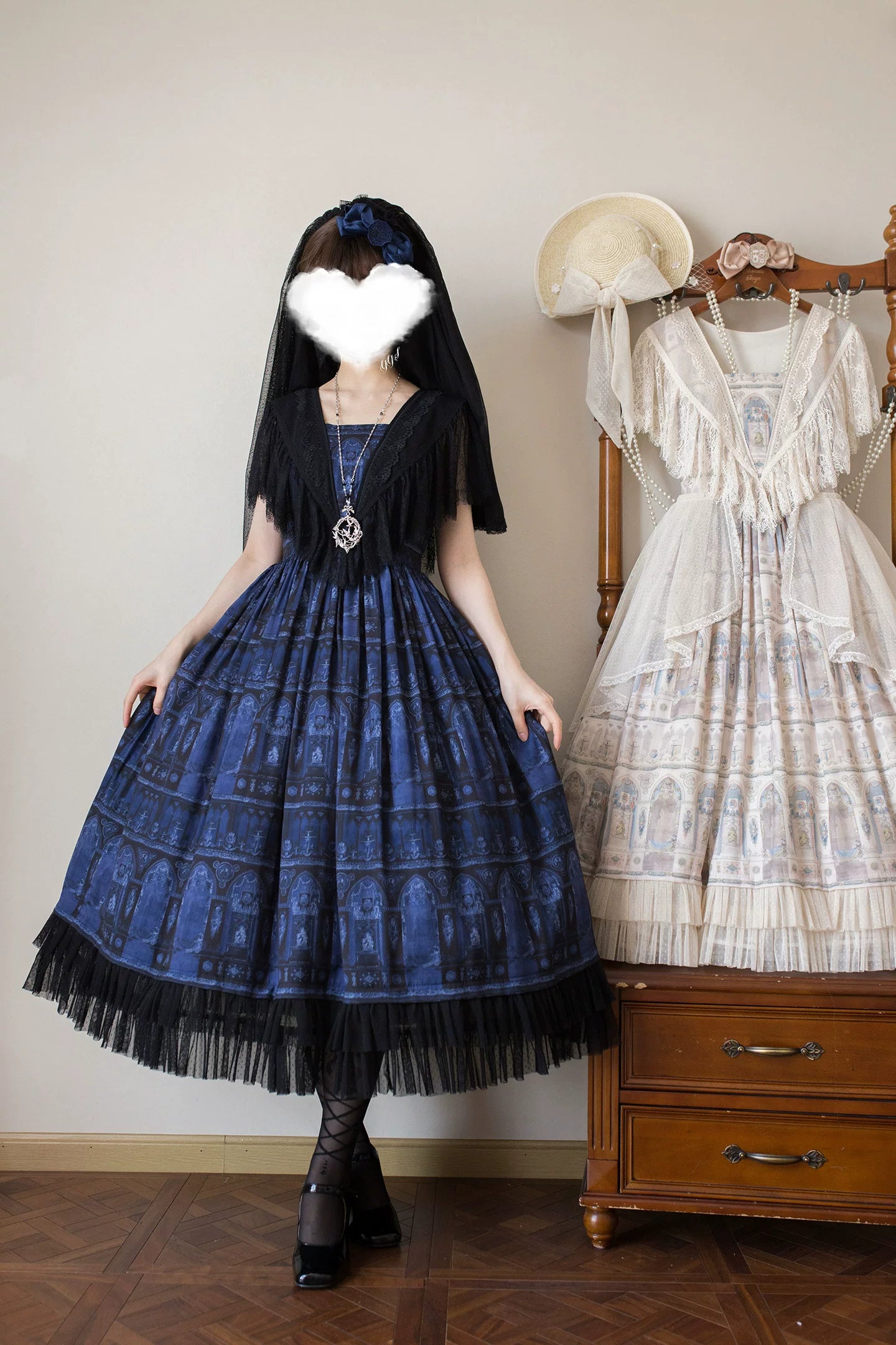 Reims Cathedral - Printed Classic Lolita Dress, Detachable Gauze Outlayer 44701:819187