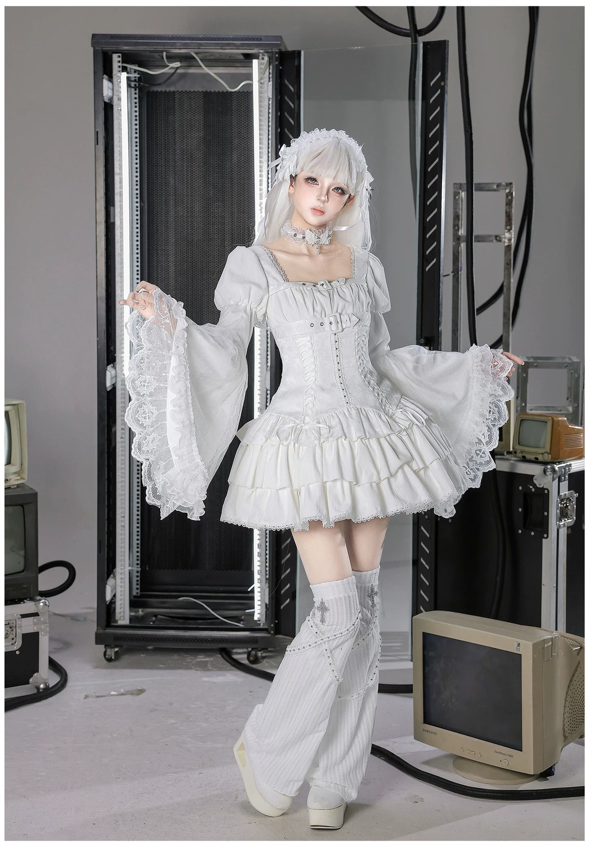 White Night Feather - Gothic Lolita OP Dress & Leg Warmers Set, Angel Cross Theme 46055:873975
