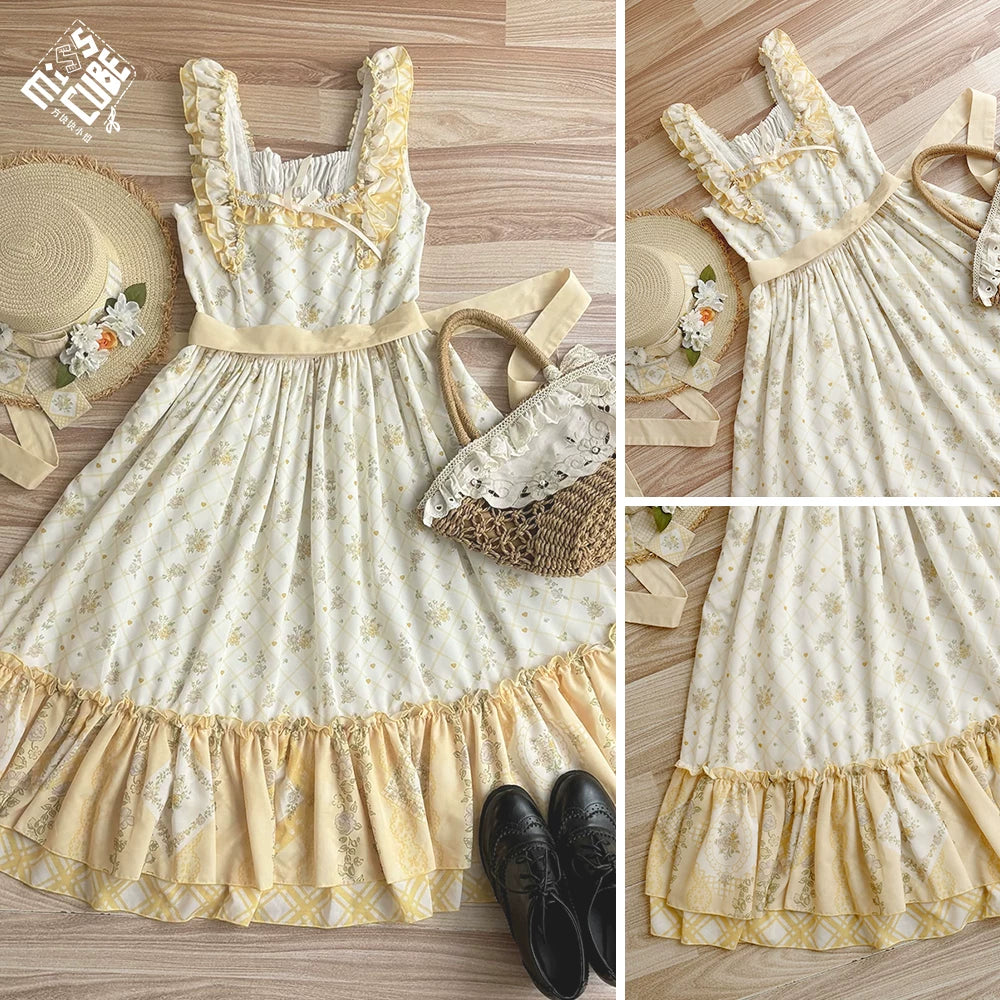 Patchwork Garden 2.0 - Classic Lolita Floral Print JSK Dress, Side Pockets Yellow JSK Only (with waist tie) XS