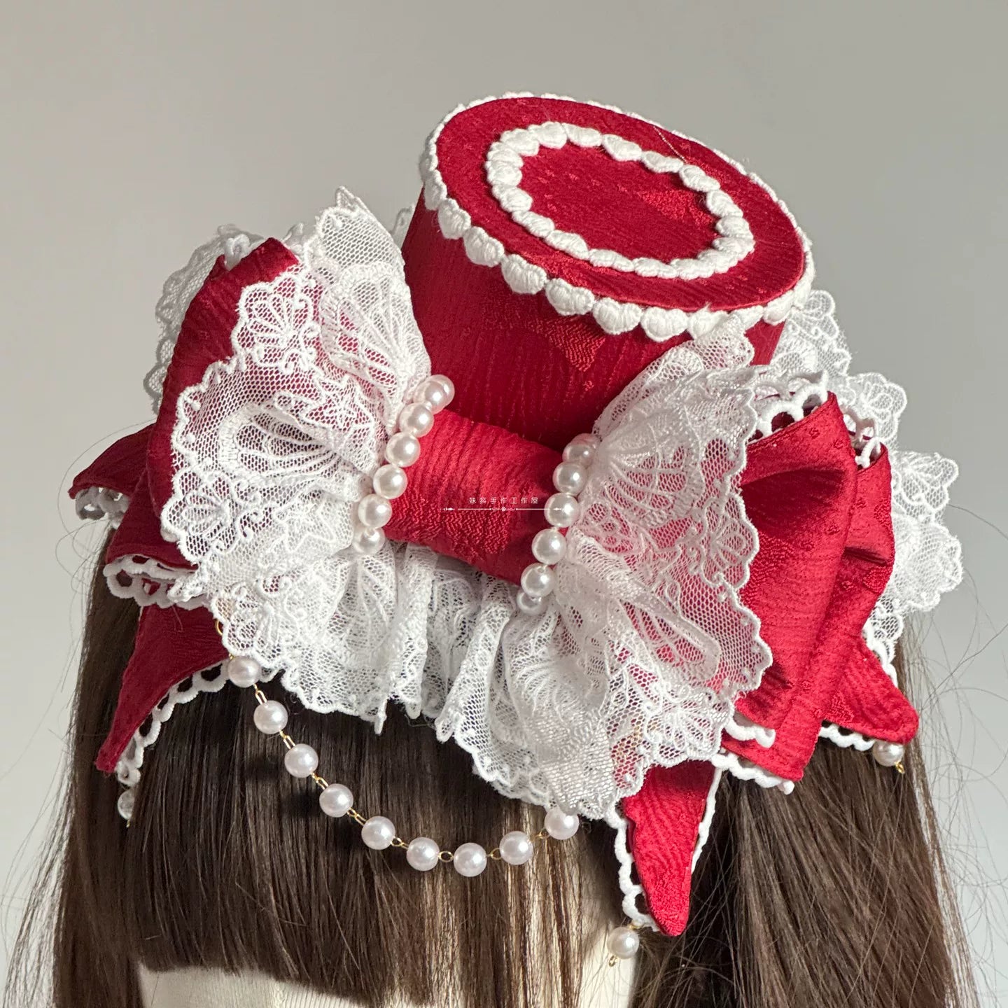 Sweet Lolita Bowknot Top Hat, Lace & Pearl Detail