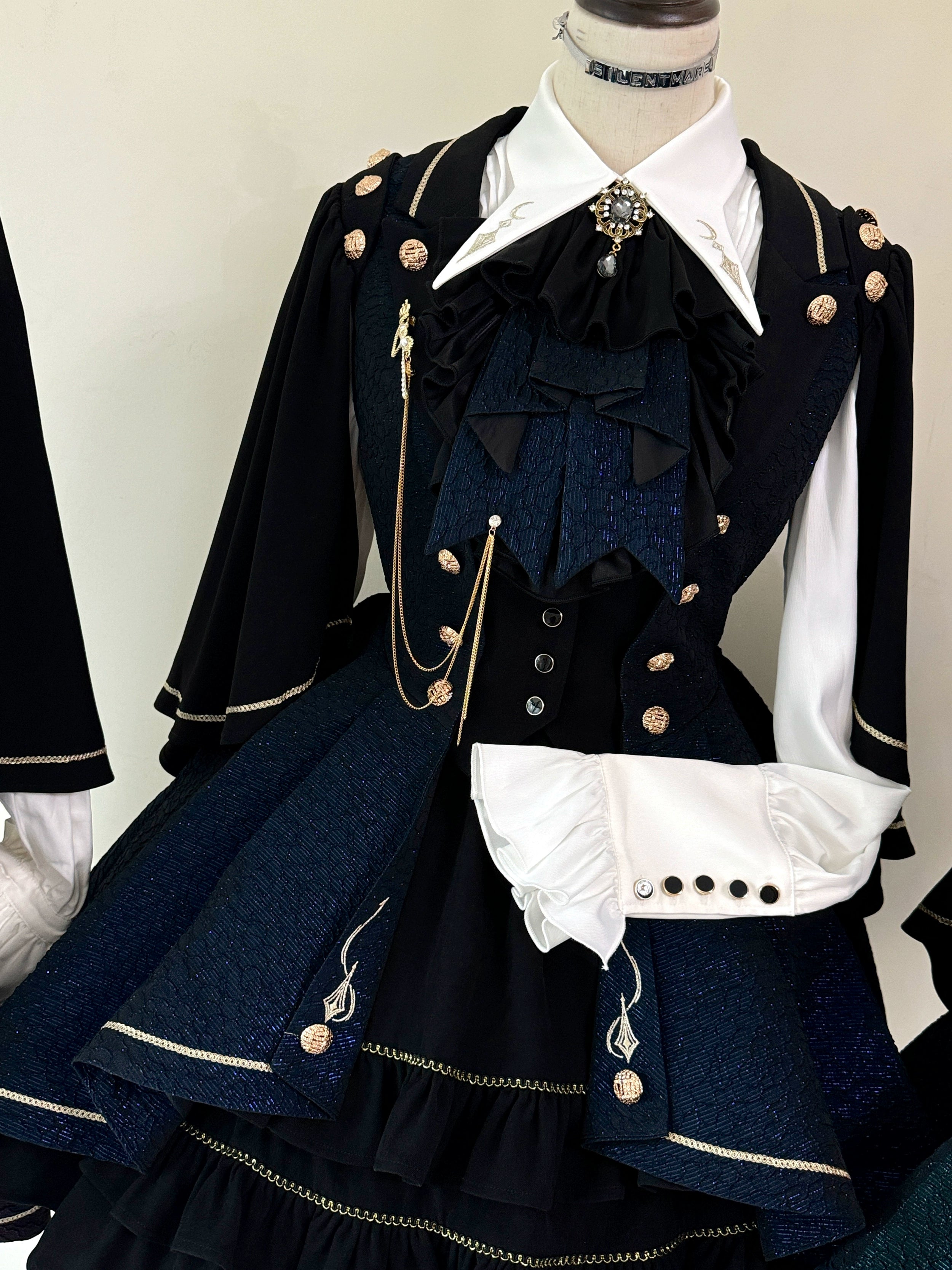 SilentMars - Fallen Moon Rule - Military Lolita Shirt Set Retro Knight Style Blouse Black x blue - vest style coat with a brooch S