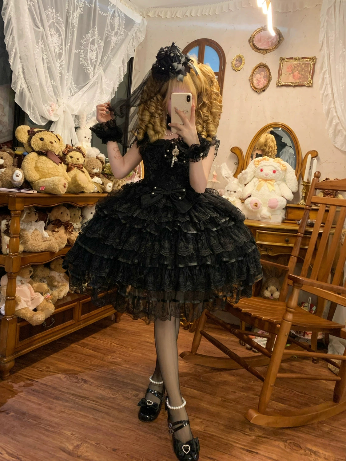 Hanguliang - Feather's Ballad - Wedding Lolita JSK Dress, Tiered Ruffles Black Cuffs Only (one size / choose M) S