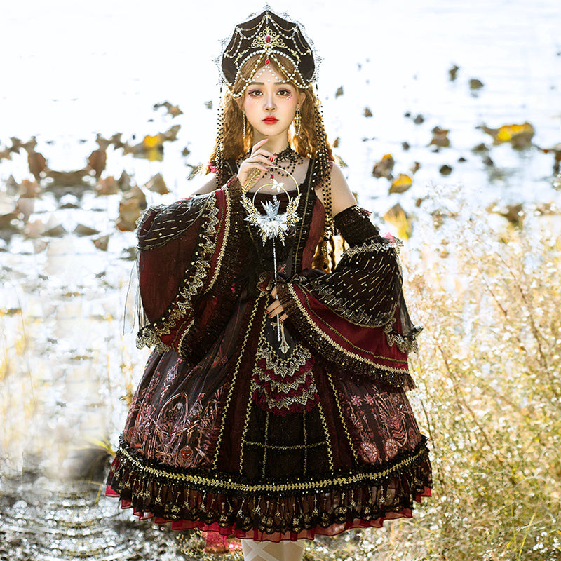YingLuoFu - Black Red Retro Palace Elgant Classical Lolita JSK