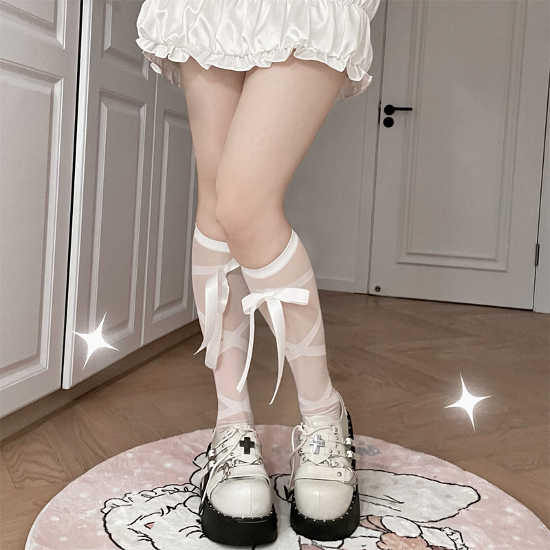 Roji roji - Uniform Cotton Lolita Autumn Calf Socks One Size silk stockings white bow tie