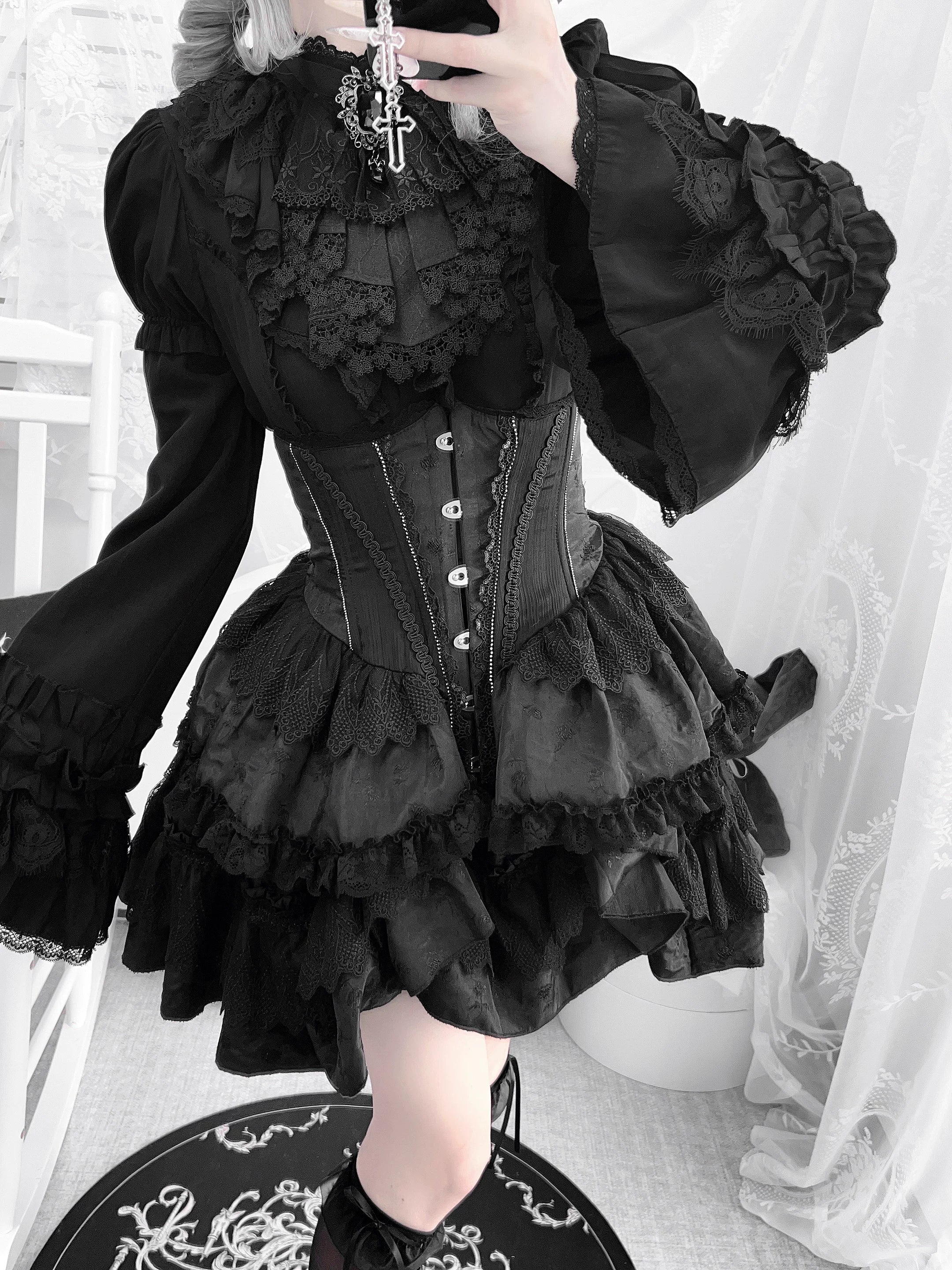 Eclipse Night - Gothic Lolita Shirt Set, Boning Corset Skirt 44391:807273