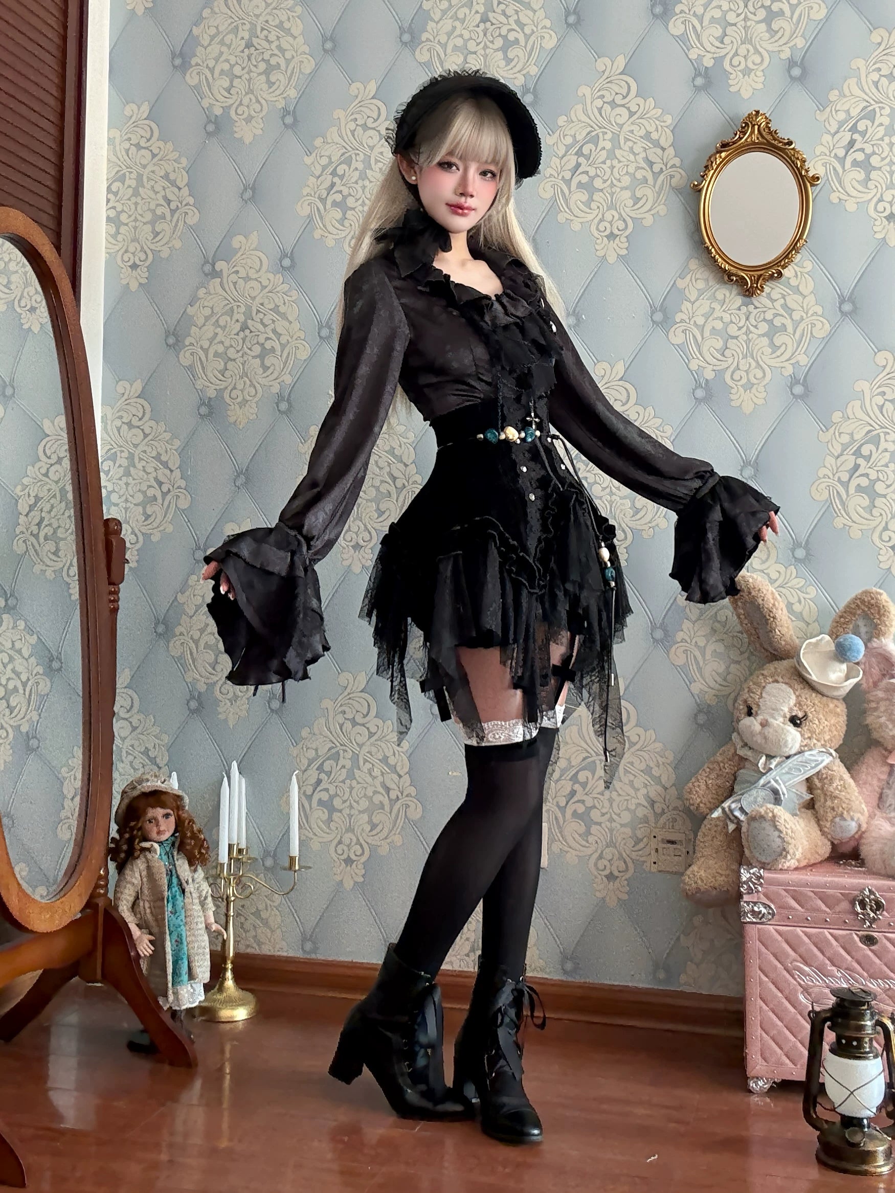 Bone Garden - Printed Gothic Lolita Skirt, Boning Corset
