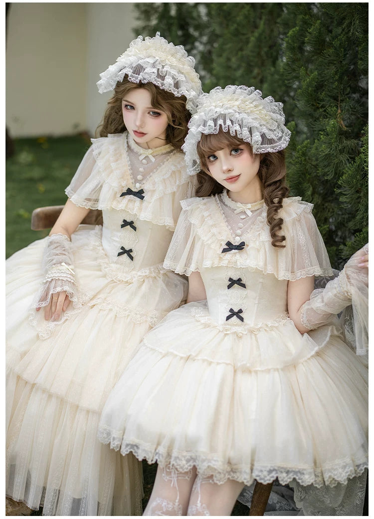 White Mist Promise - Classic Lolita Corset OP Set, Edwardian Collar & Tiered Hem 45173:838324