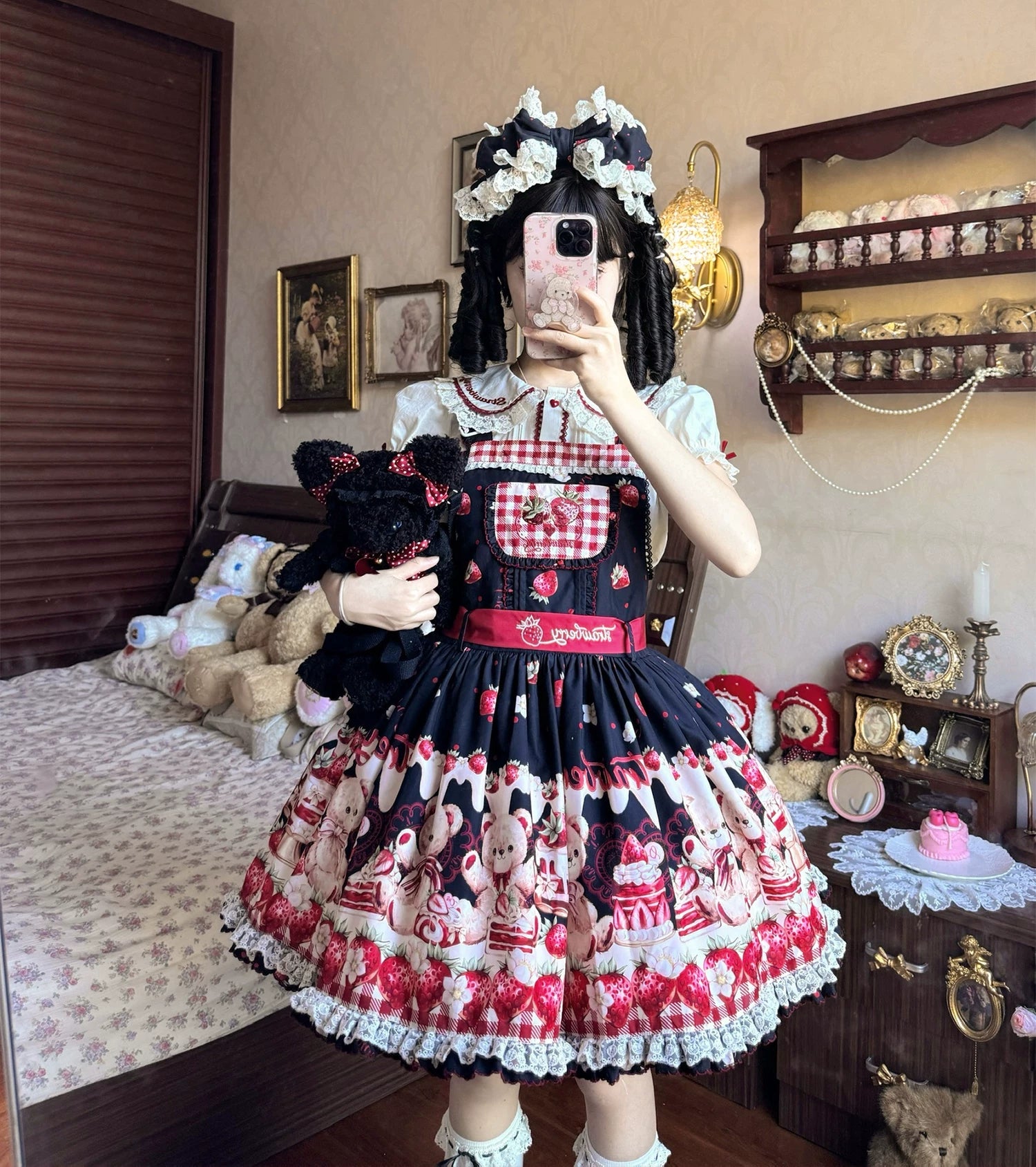 Velvet Strawberry - Sweet Lolita Salopette Dress, Bear & Strawberry Print