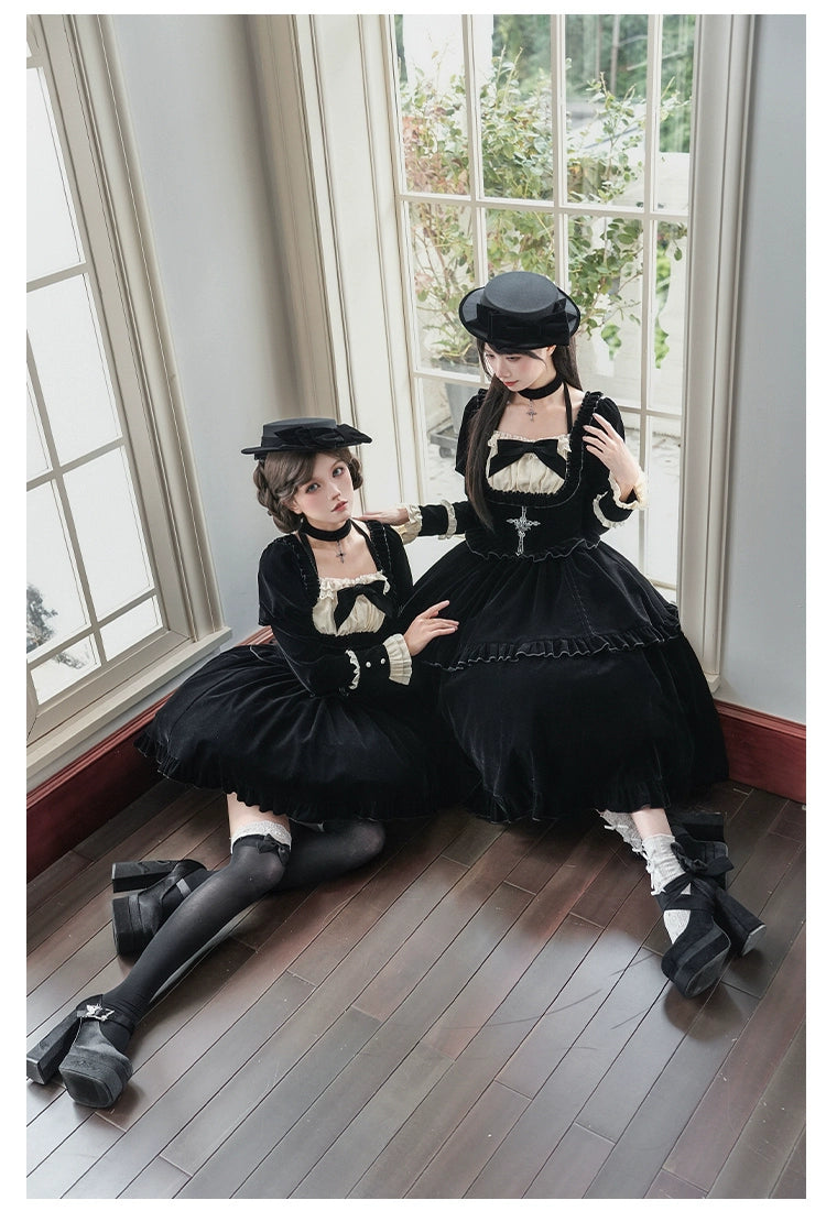 With PUJI - Apocalypse - Gothic Lolita Velvet OP Dress Set, Fishbone Waist 44128:797128