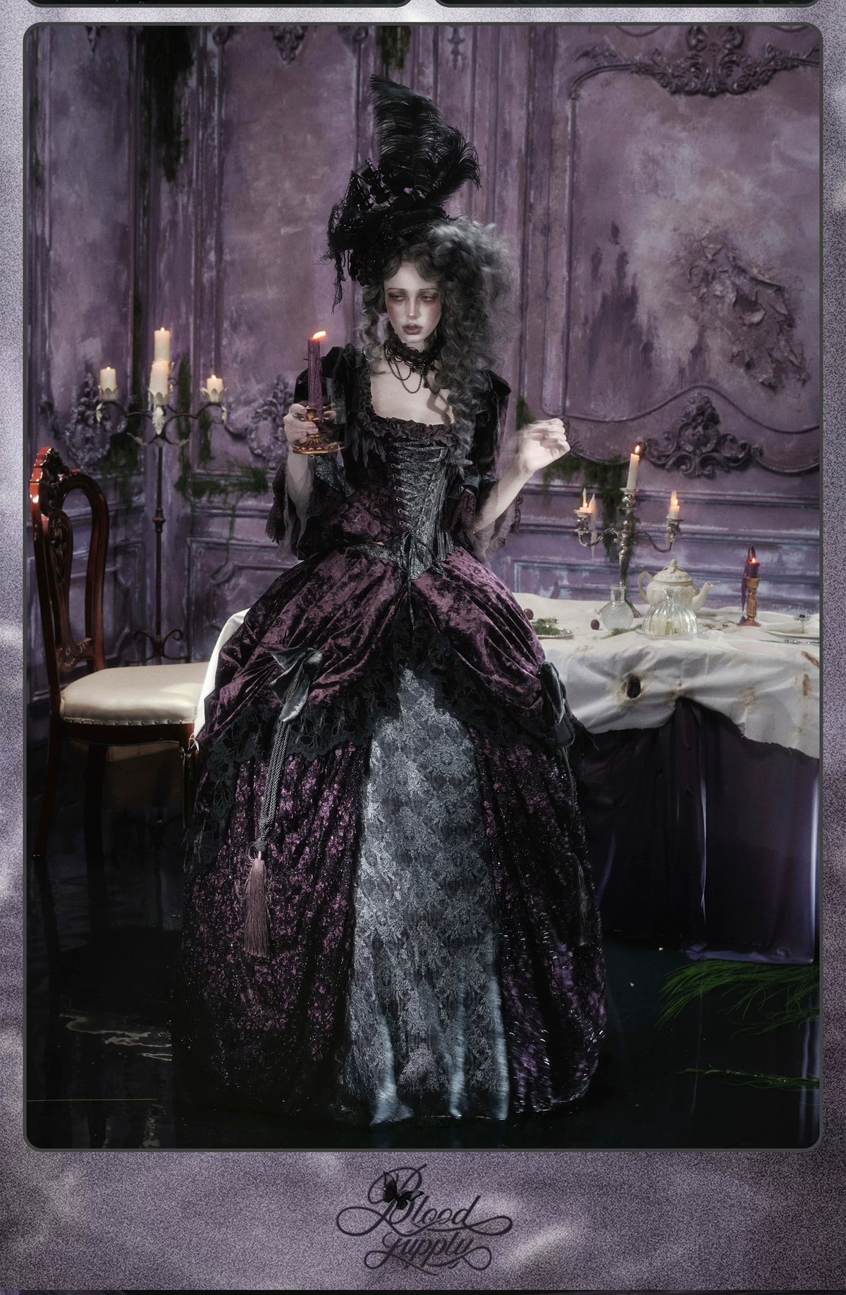 Undead's Gift - Halloween Gothic Lolita Draped Panel Skirt Set, 3D floral lace