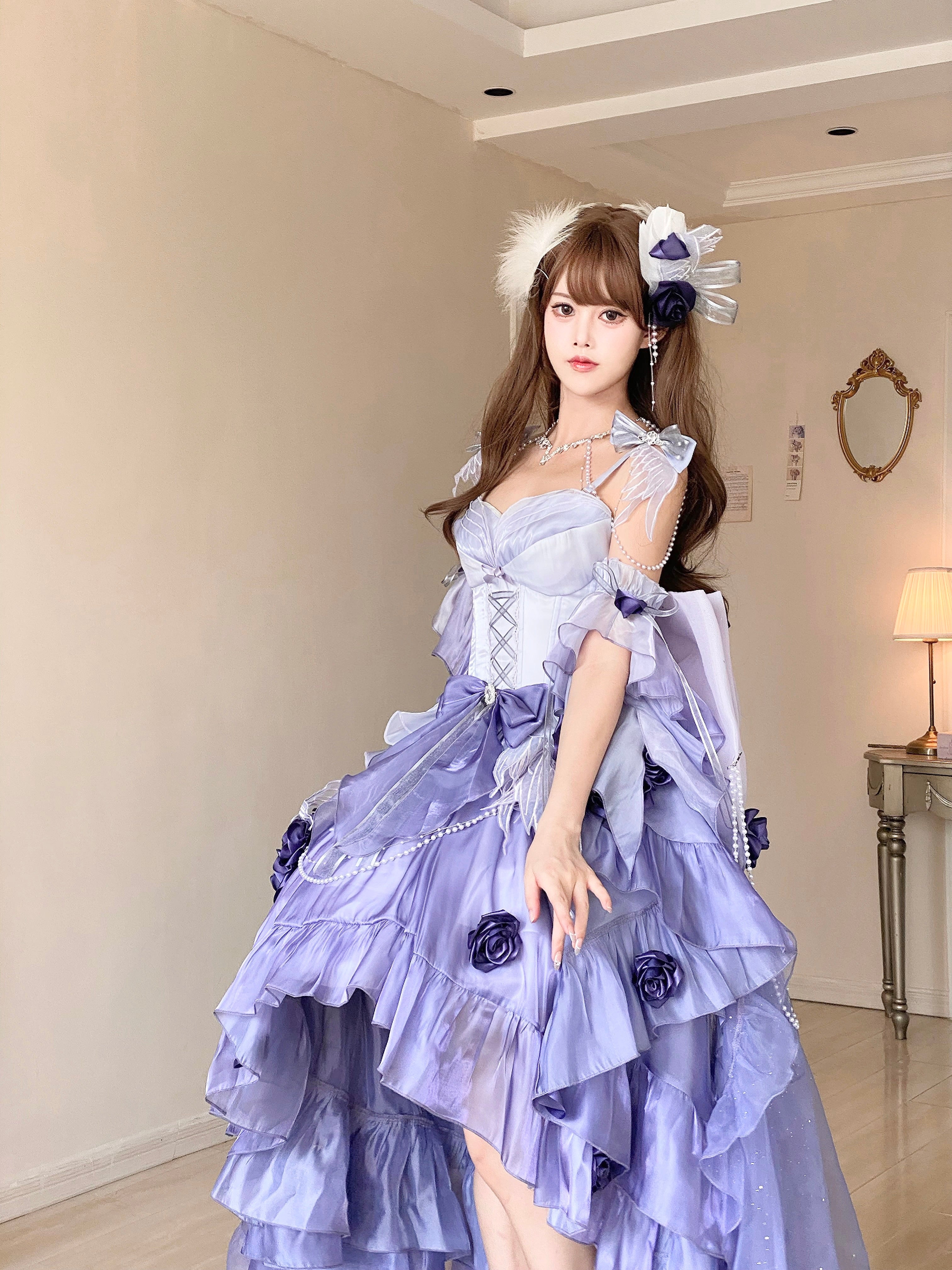 Meowing and Fruity - Swan Wonderland - Fairy Lolita JSK with High-Low Hem Mist Purple - Small Set (JSK+detachable sleeves+back bow) S