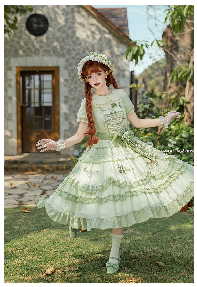 Green Grape - Embroidered Country Lolita OP Dress, Tiered JSK