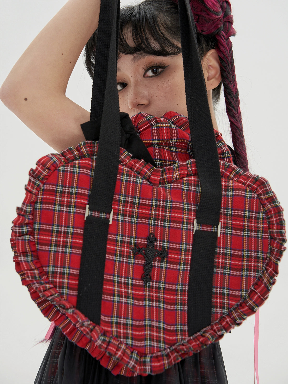 Soso Meme Club - Vintage Lolita Heart Shaped Plaid Dot Print JK Uniform Bag