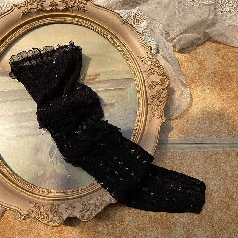 WAGUIR - Sweet Lolita Mid-Calf Socks 3-Layer Lace Mesh Fairy Thin Socks One Size Black socks - basic version