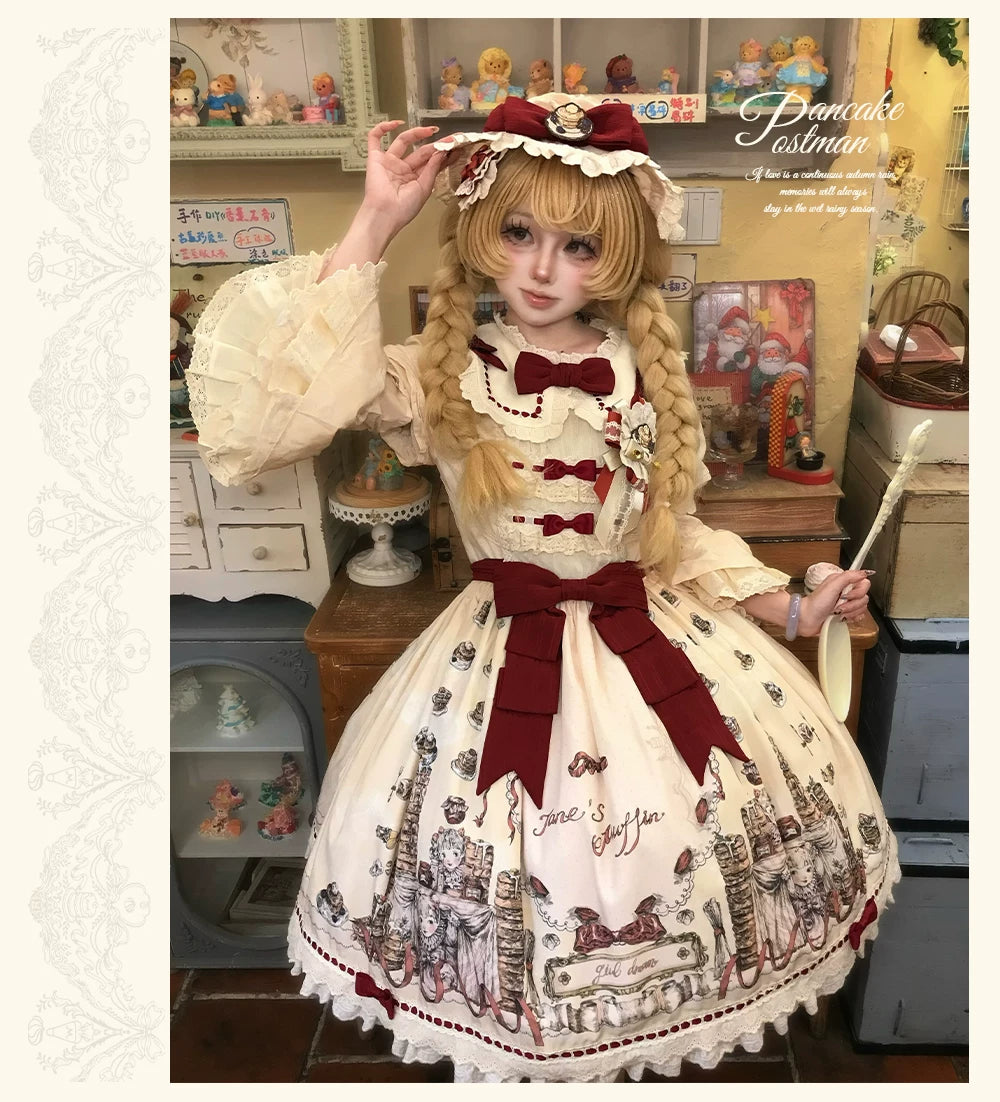Pancake Postman - Kawaii Lolita Printed OP & Salopette Dress, Lace & Bows 45174:838620