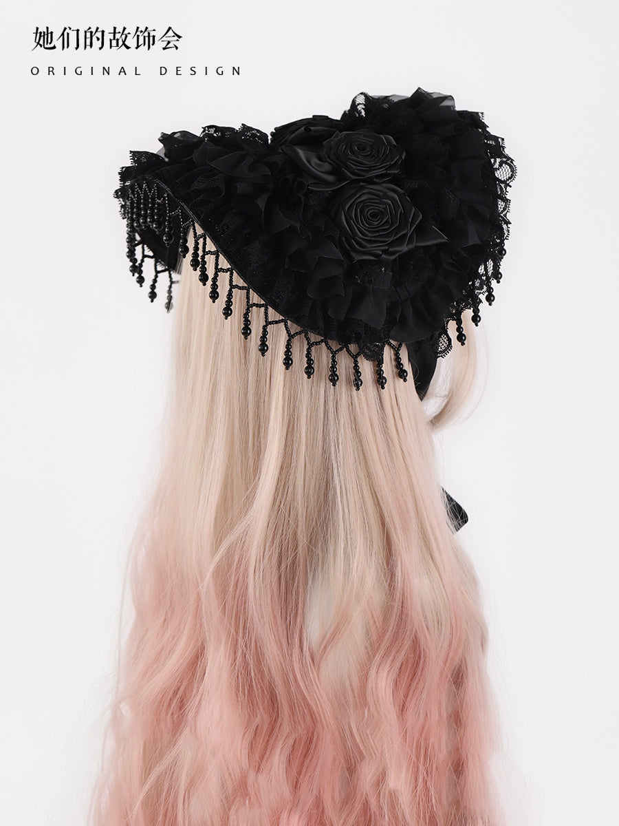The Accessories' Story - Gothic Lolita Black Hat, Rose & Bead Tassels