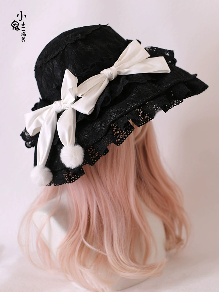 Xiaogui - Retro Lolita Hat Lace Handmade Doll Hat with Multicolor Bows One Size black hat with white bow